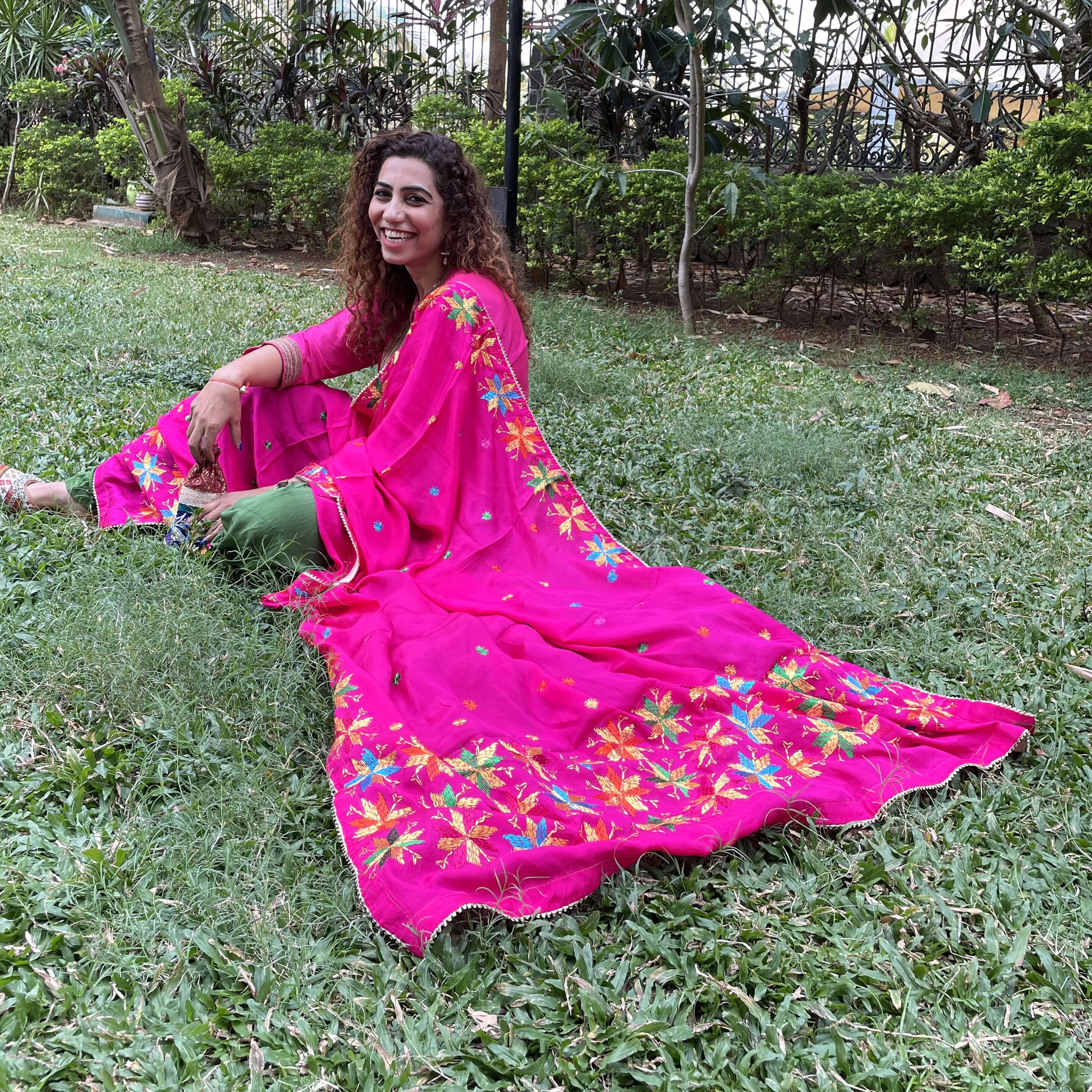Hot pink Phulkari hand embroidery Dupatta - Main Image