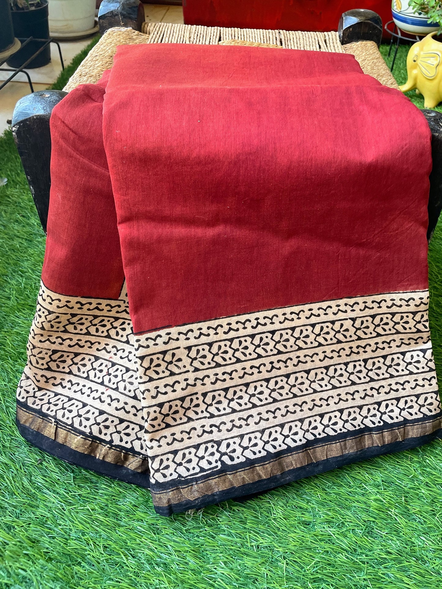 Red plain Chanderi Block print