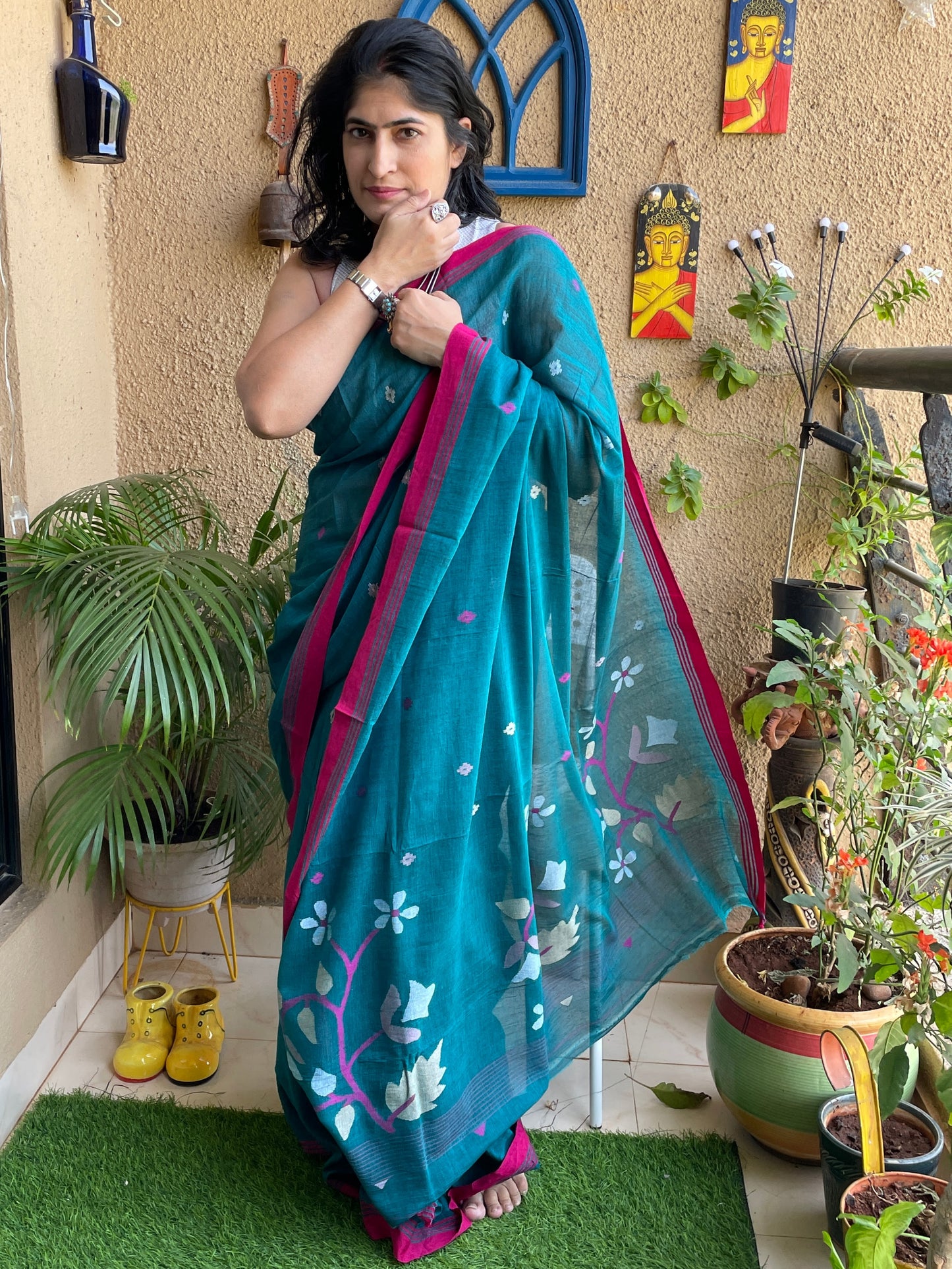 Teal Blue Jamdani cotton saree