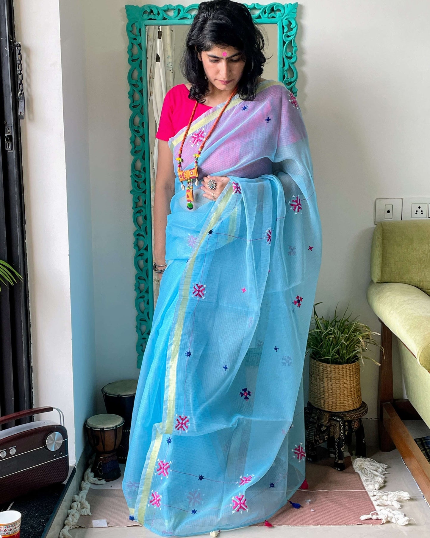 Turquoise Kota embroidered Saree
