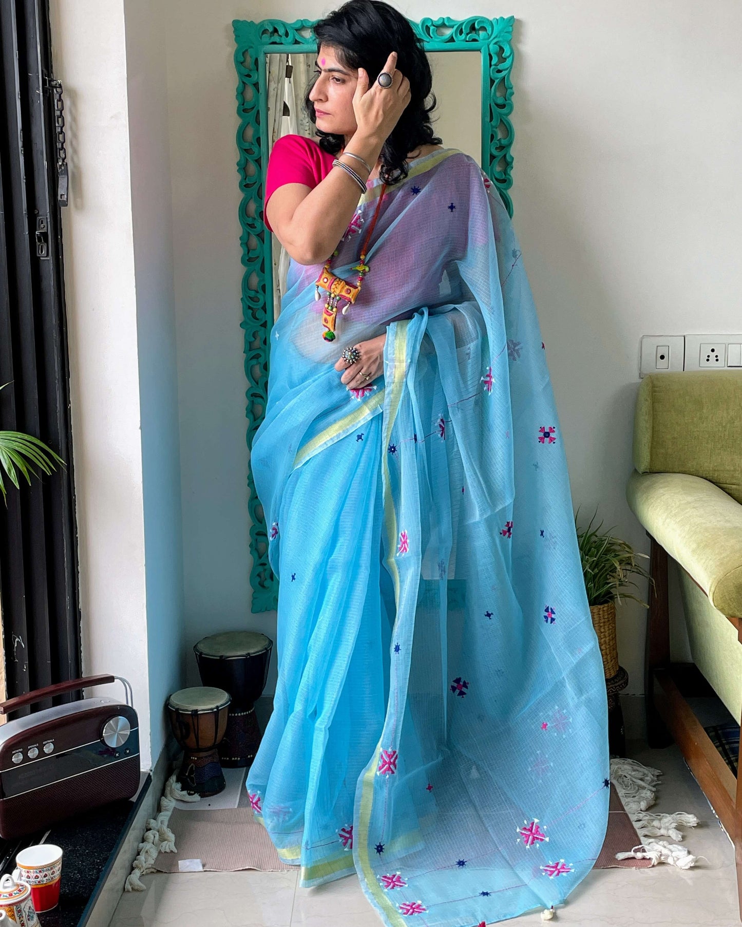 Turquoise Kota embroidered Saree