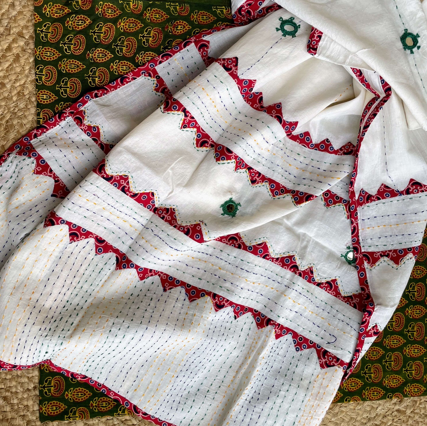 white green Applique Dupatta set