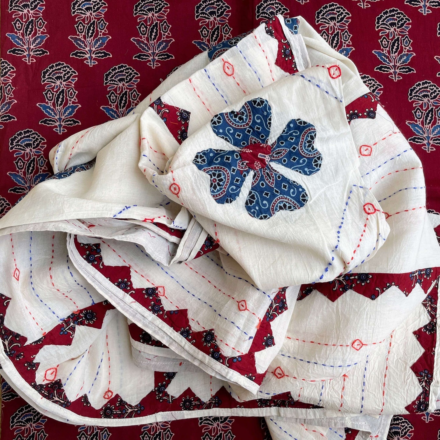 white maroon Applique Dupatta set