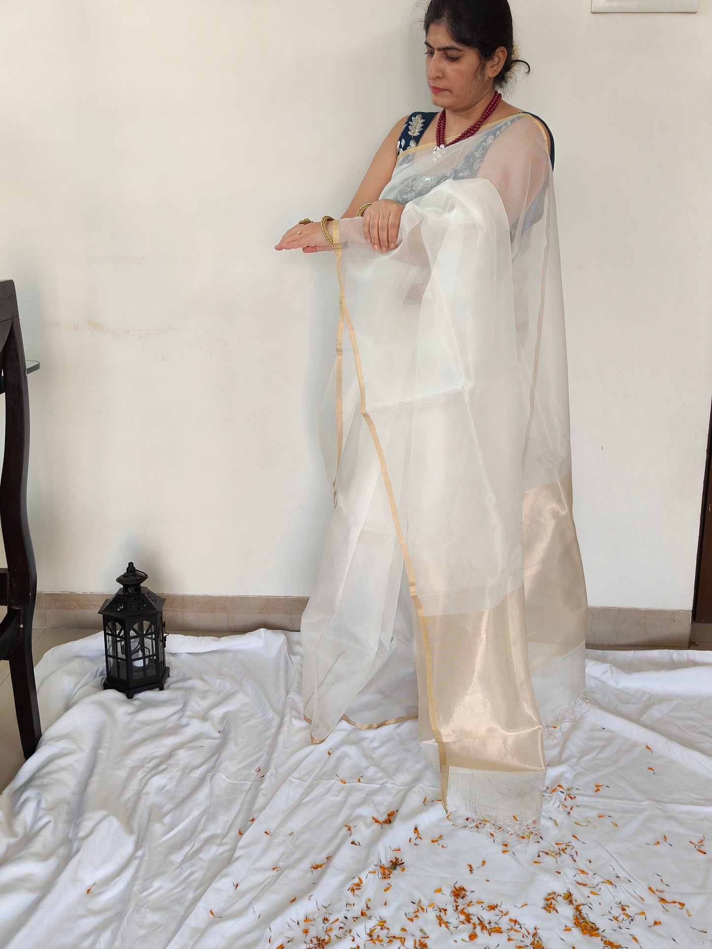 White Organza silk Saree from Mubarakpur