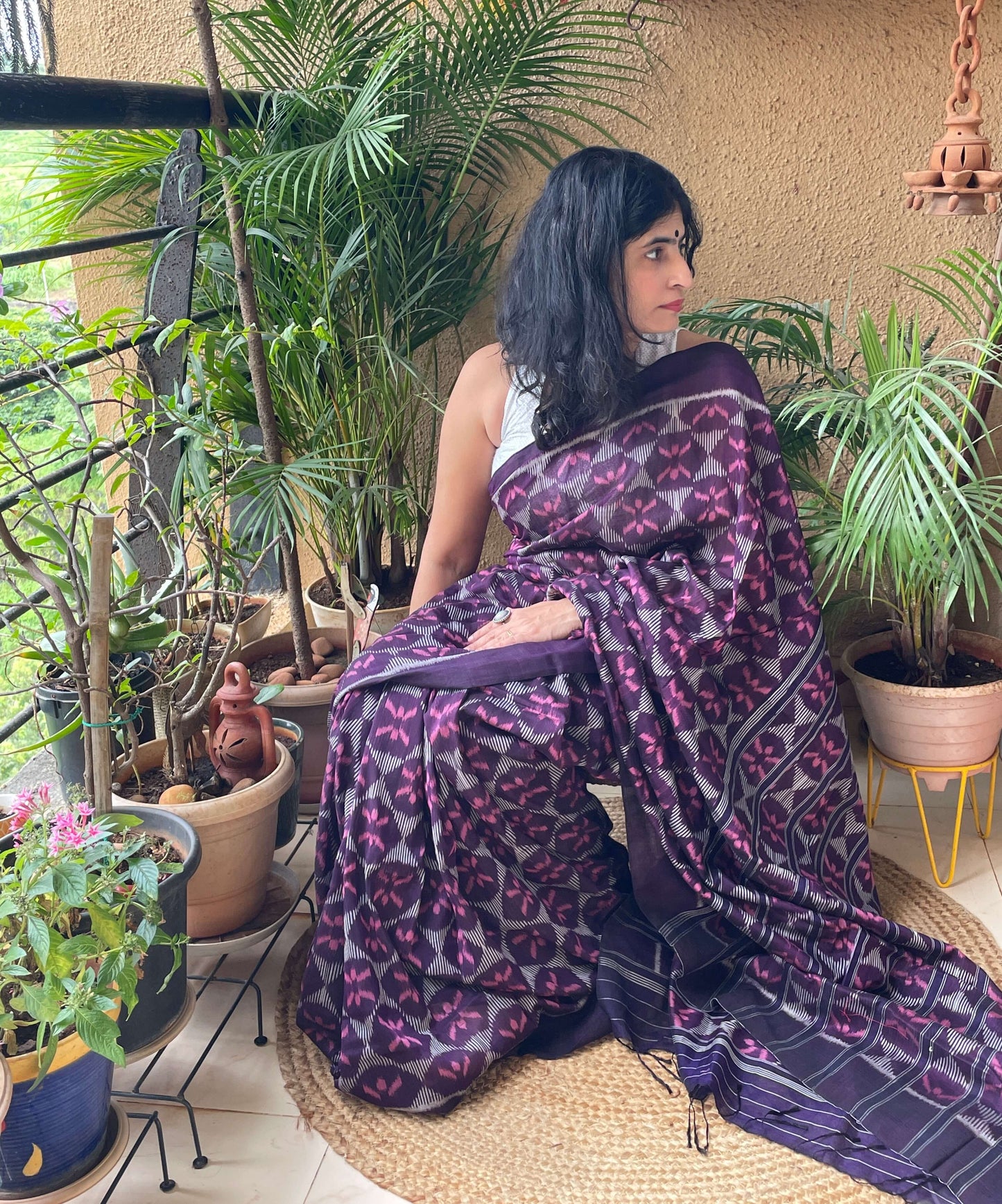 Wine Bandha Ikat Silk Cotton Saree