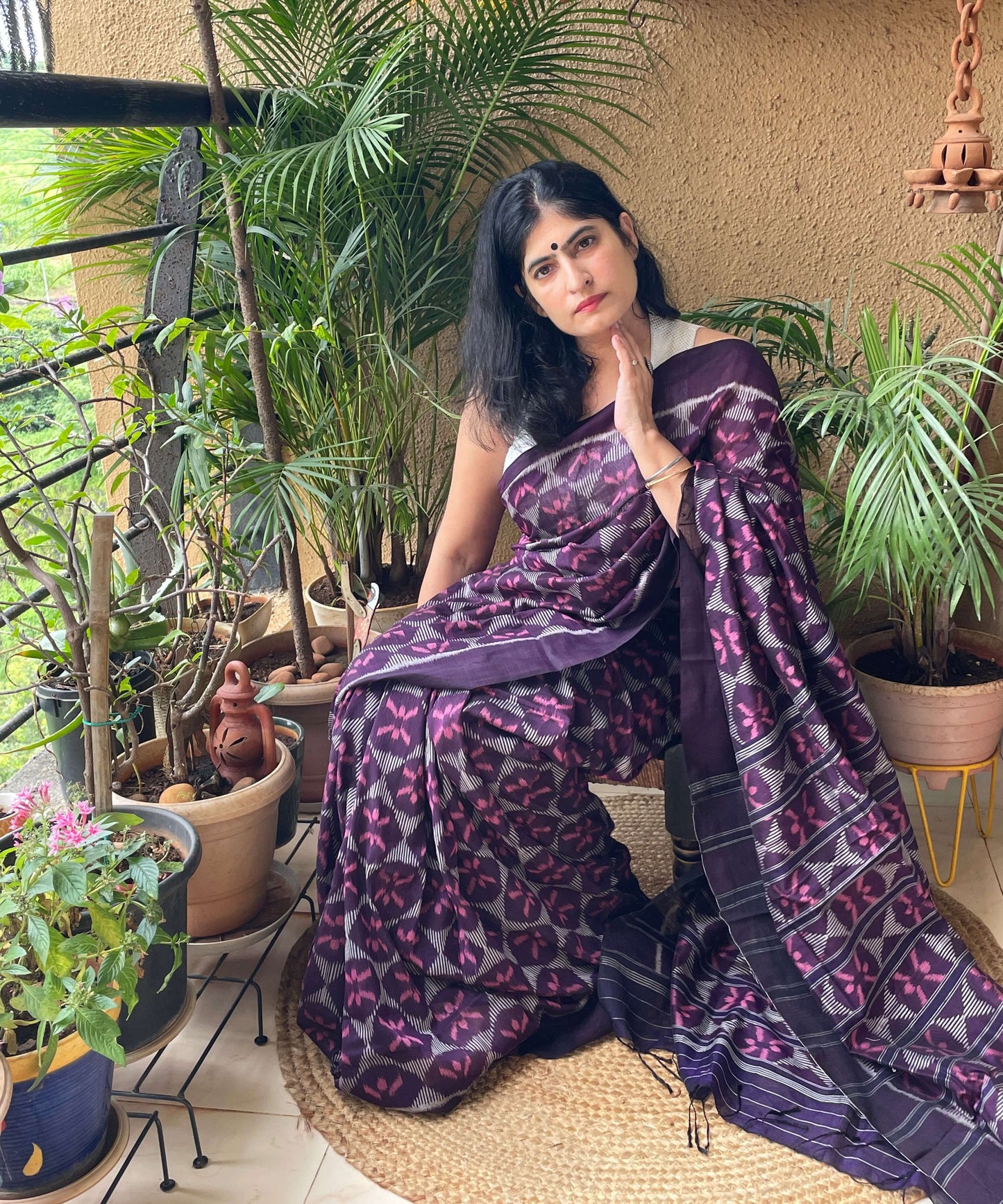 Wine Bandha Ikat Silk Cotton Saree