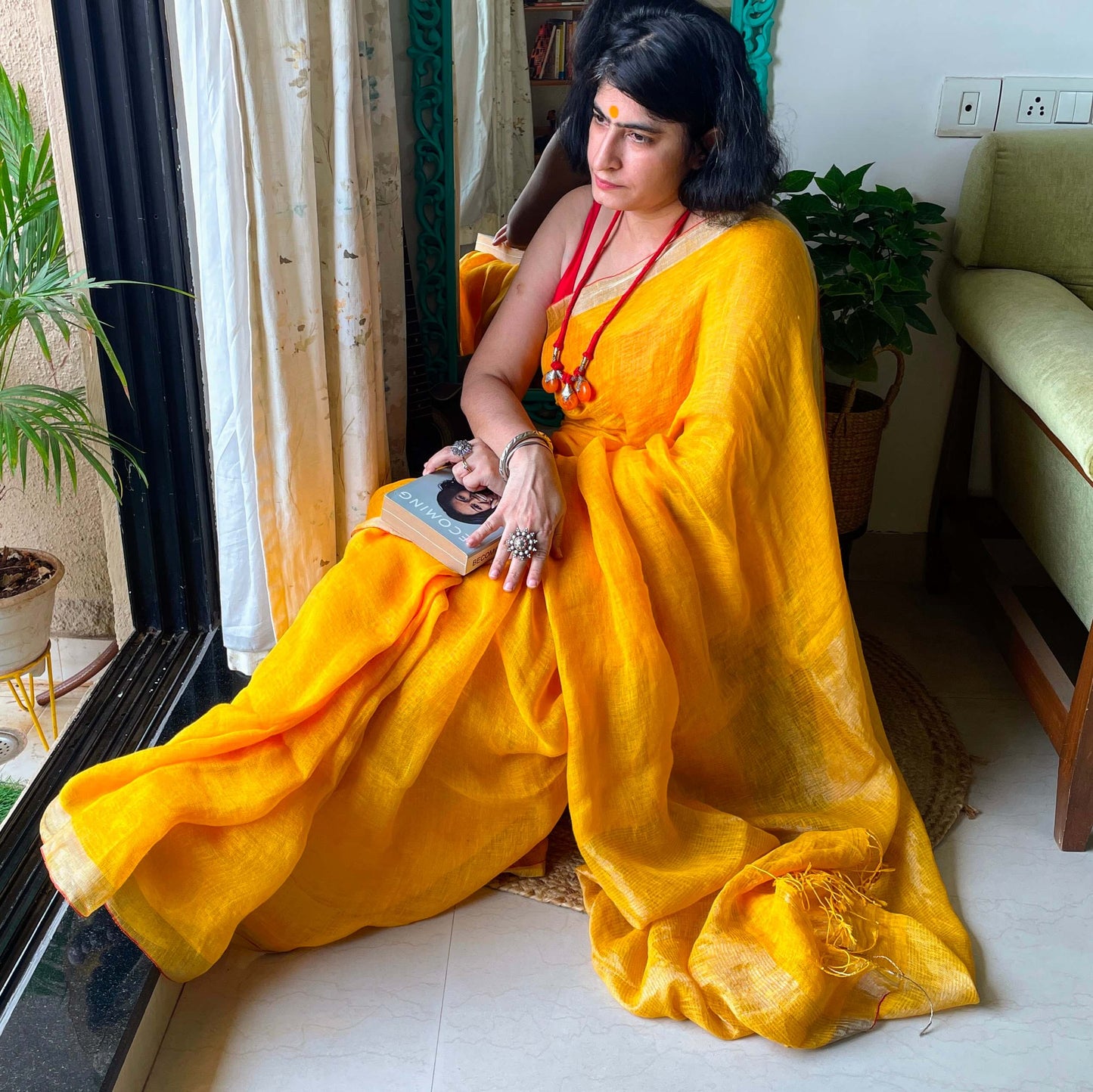 Yellow Linen Saree with Zari border
