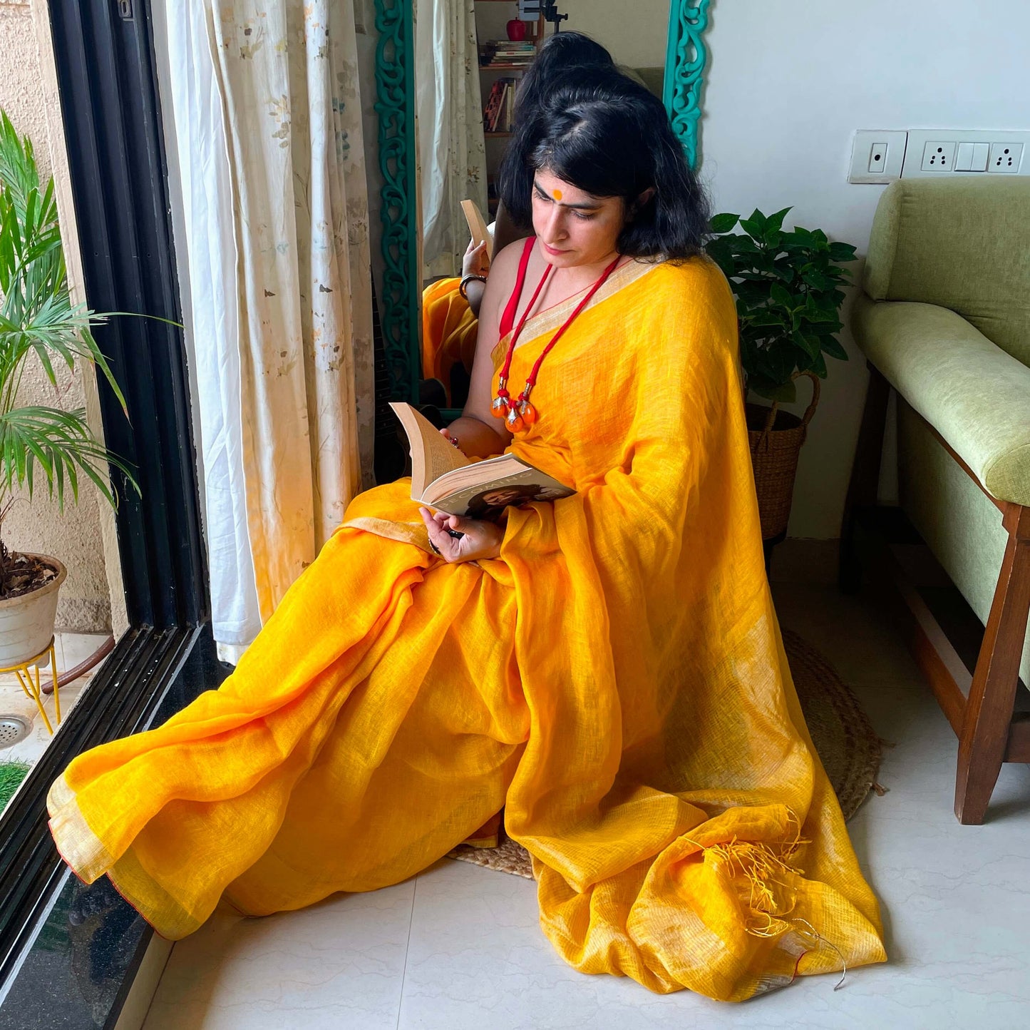 Yellow Linen Saree with Zari border