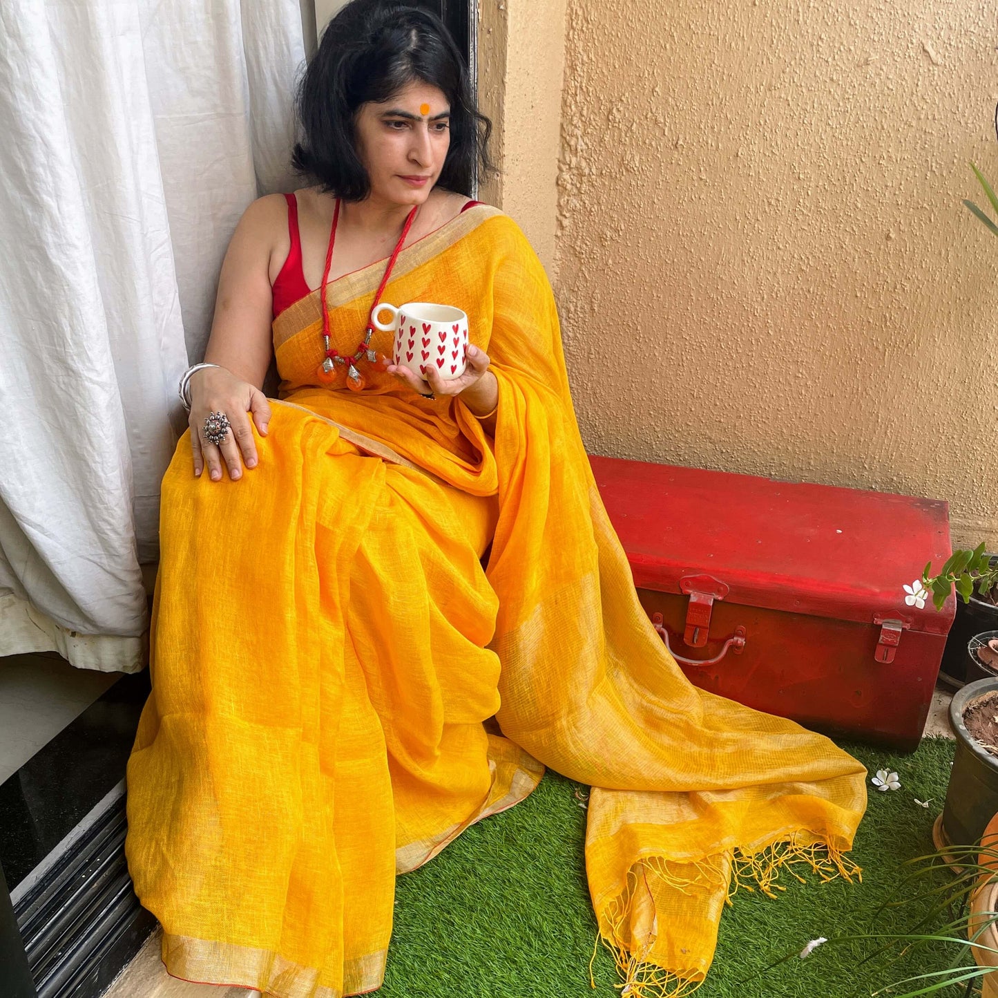 Yellow Linen Saree with Zari border