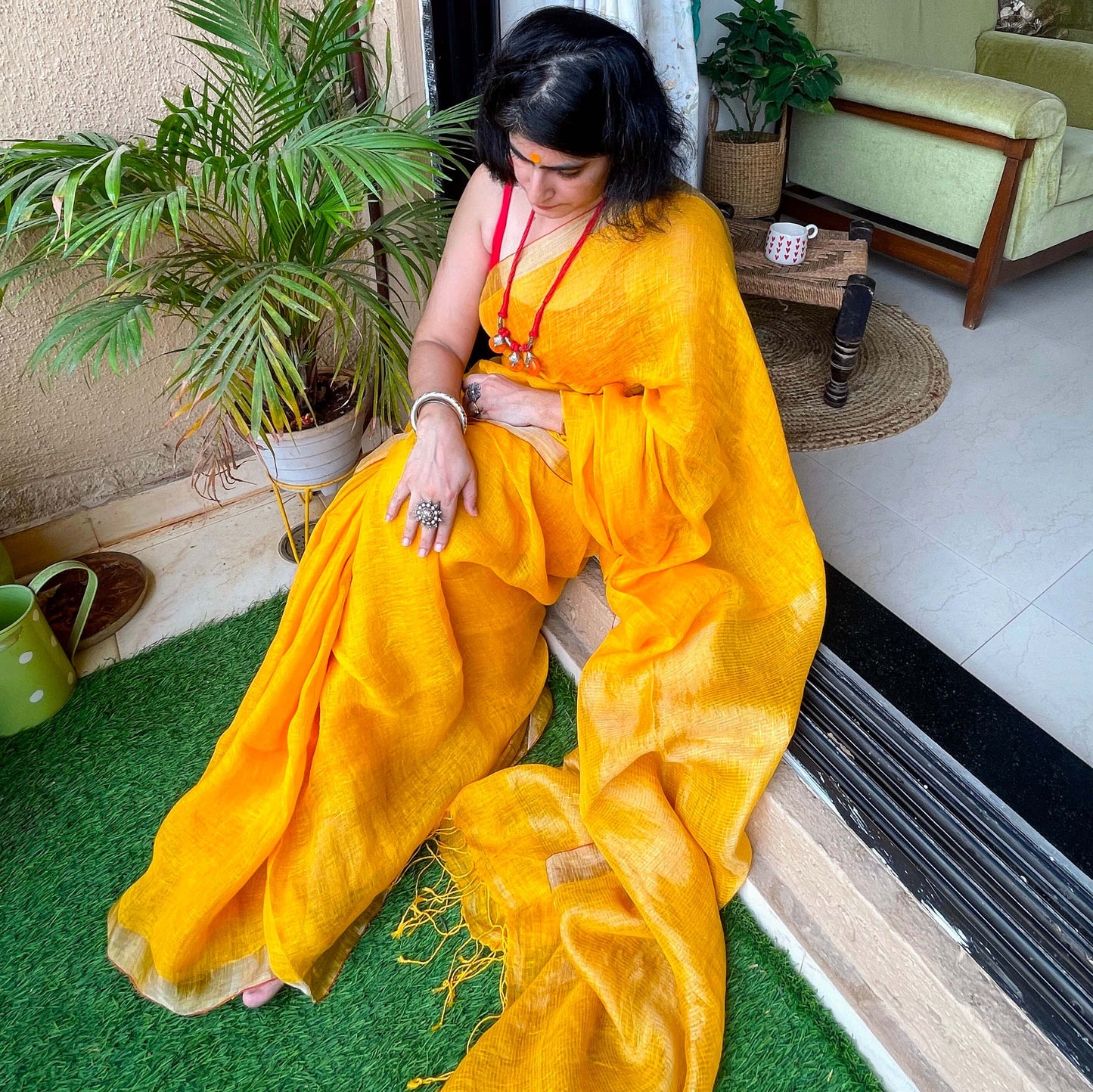 Yellow Linen Saree with Zari border