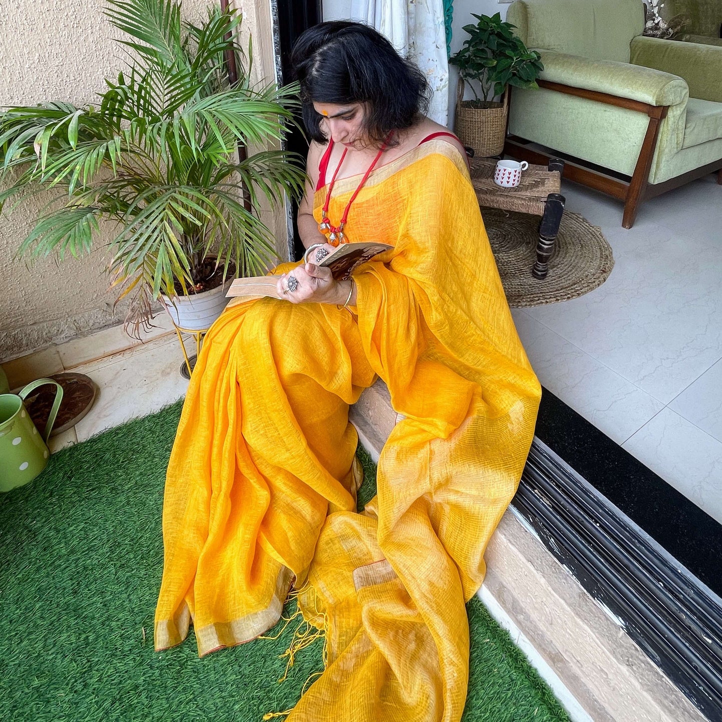 Yellow Linen Saree with Zari border