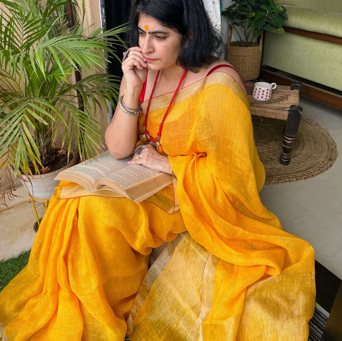 Yellow Linen Saree with Zari border