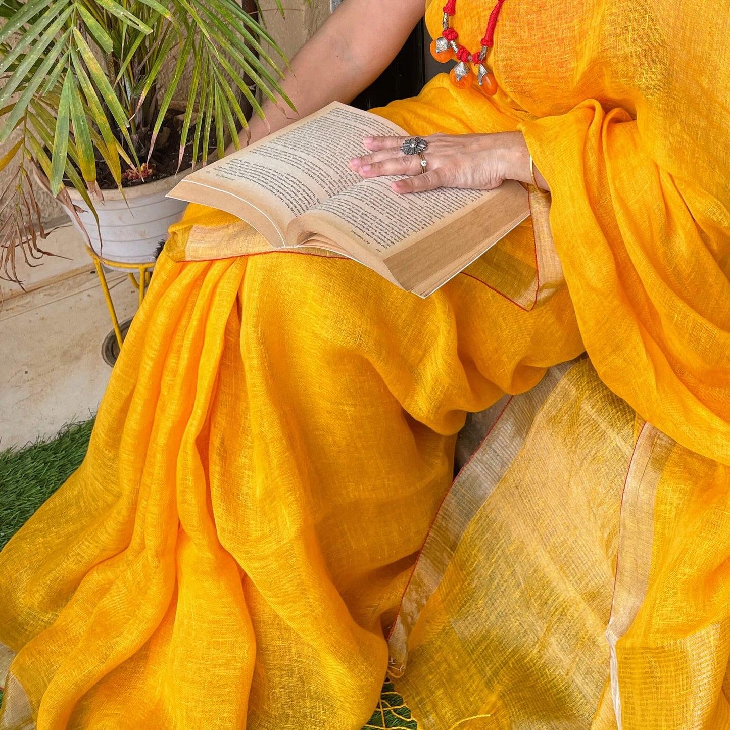 Yellow Linen Saree with Zari border
