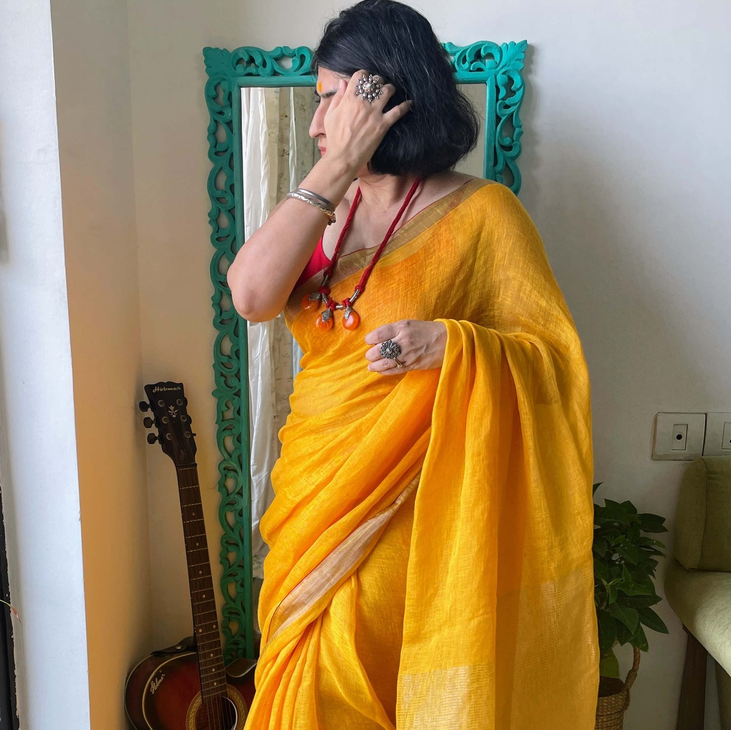 Yellow Linen Saree with Zari border
