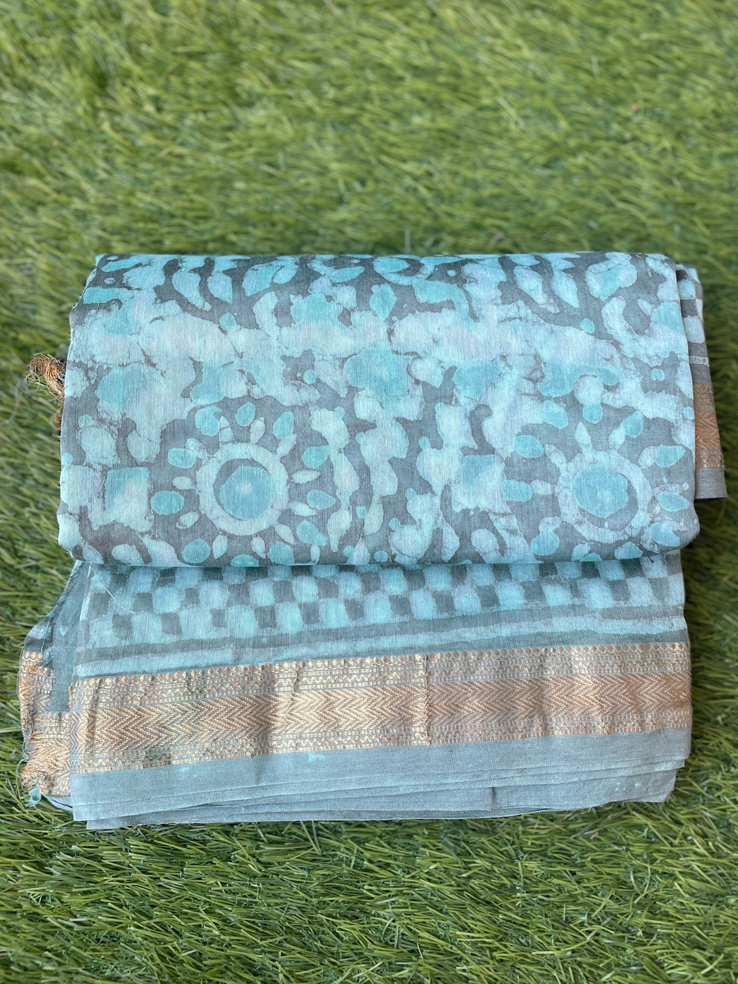 Aqua & Grey Maheshwari Block print