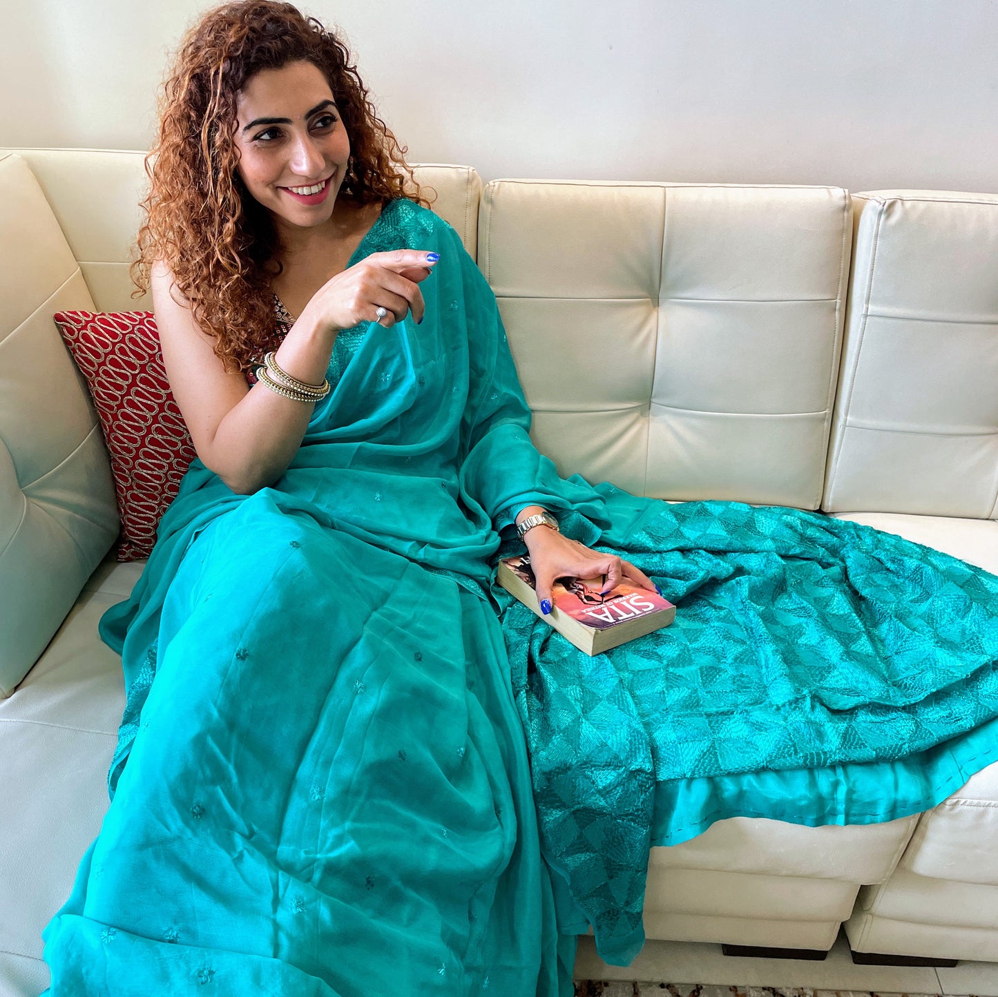 Aqua Blue Chinon Phulkari Saree