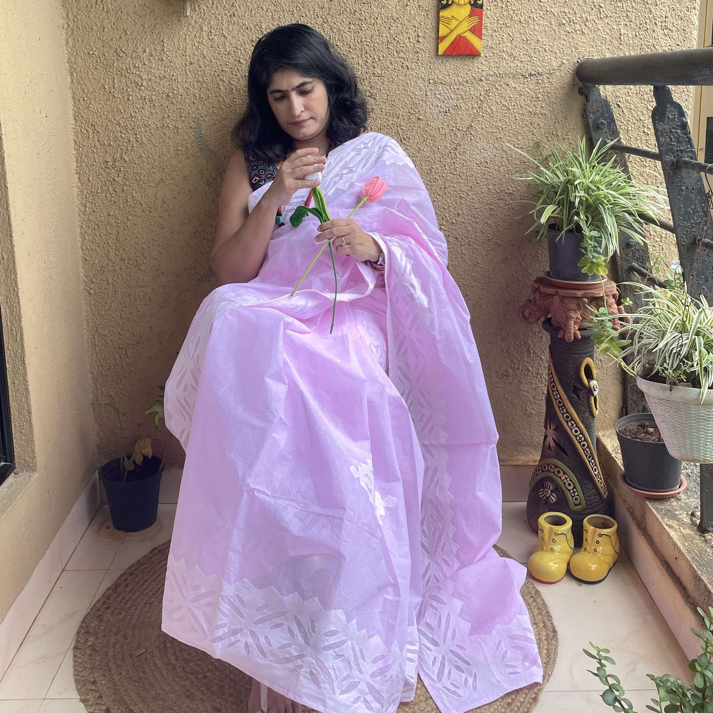 Baby Pink Applique Cotton Saree