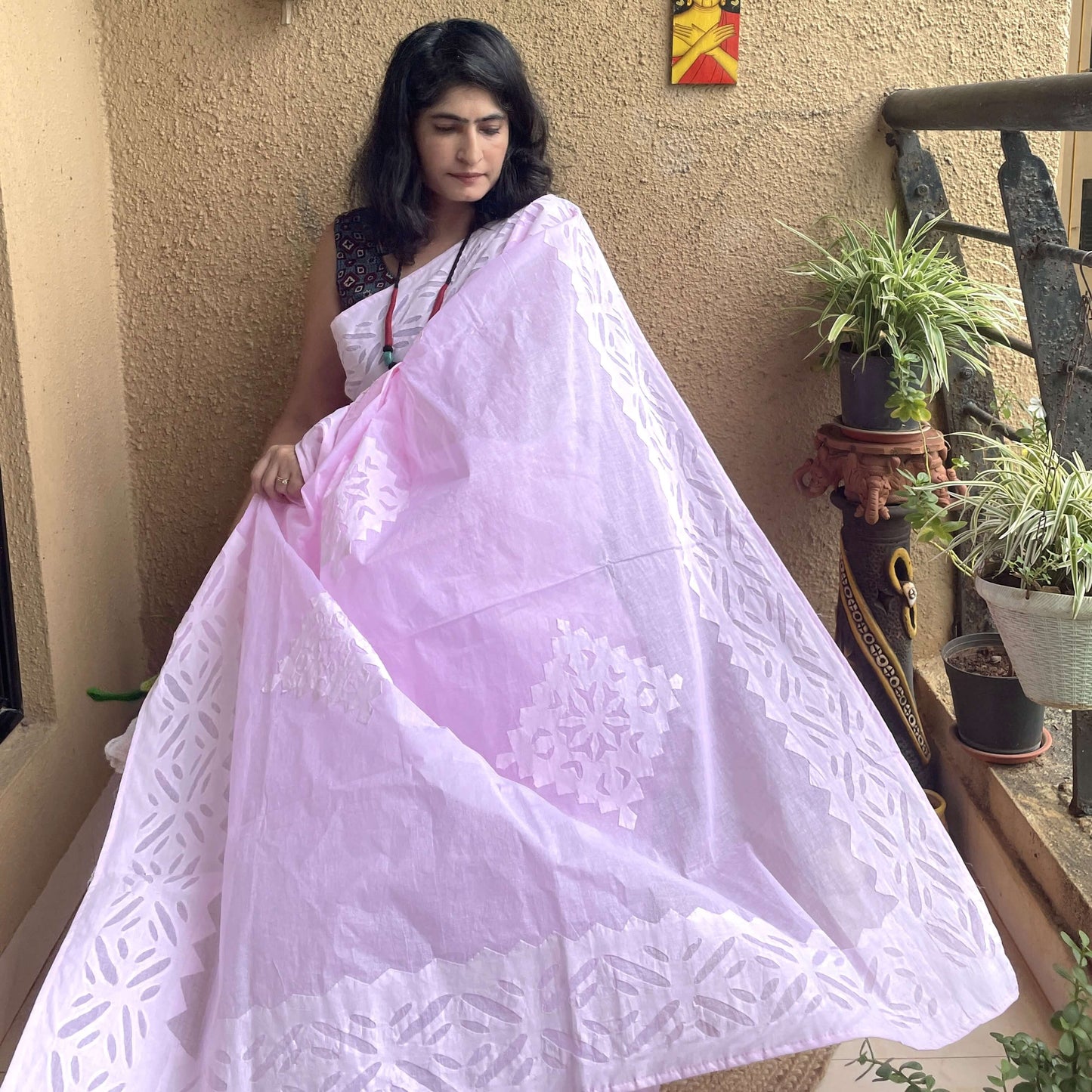 Baby Pink Applique Cotton Saree