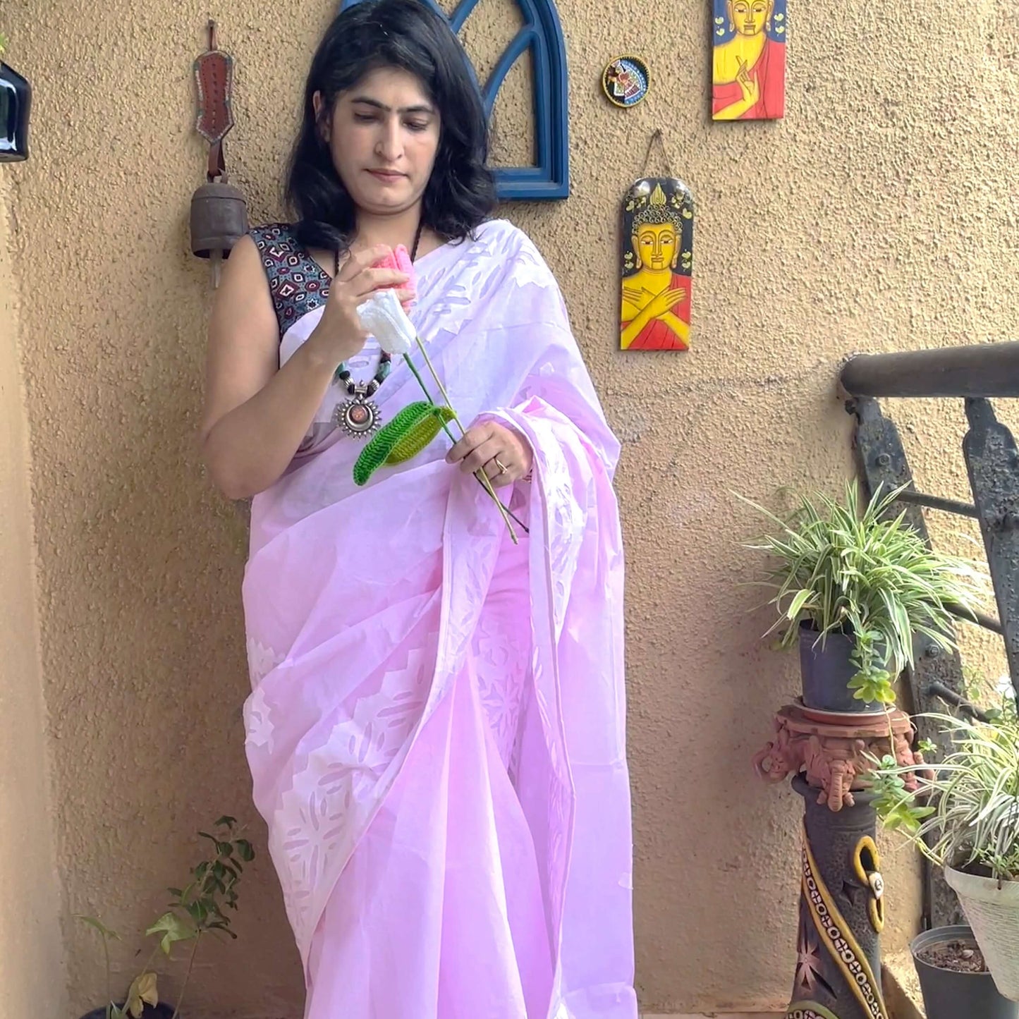 Baby Pink Applique Cotton Saree