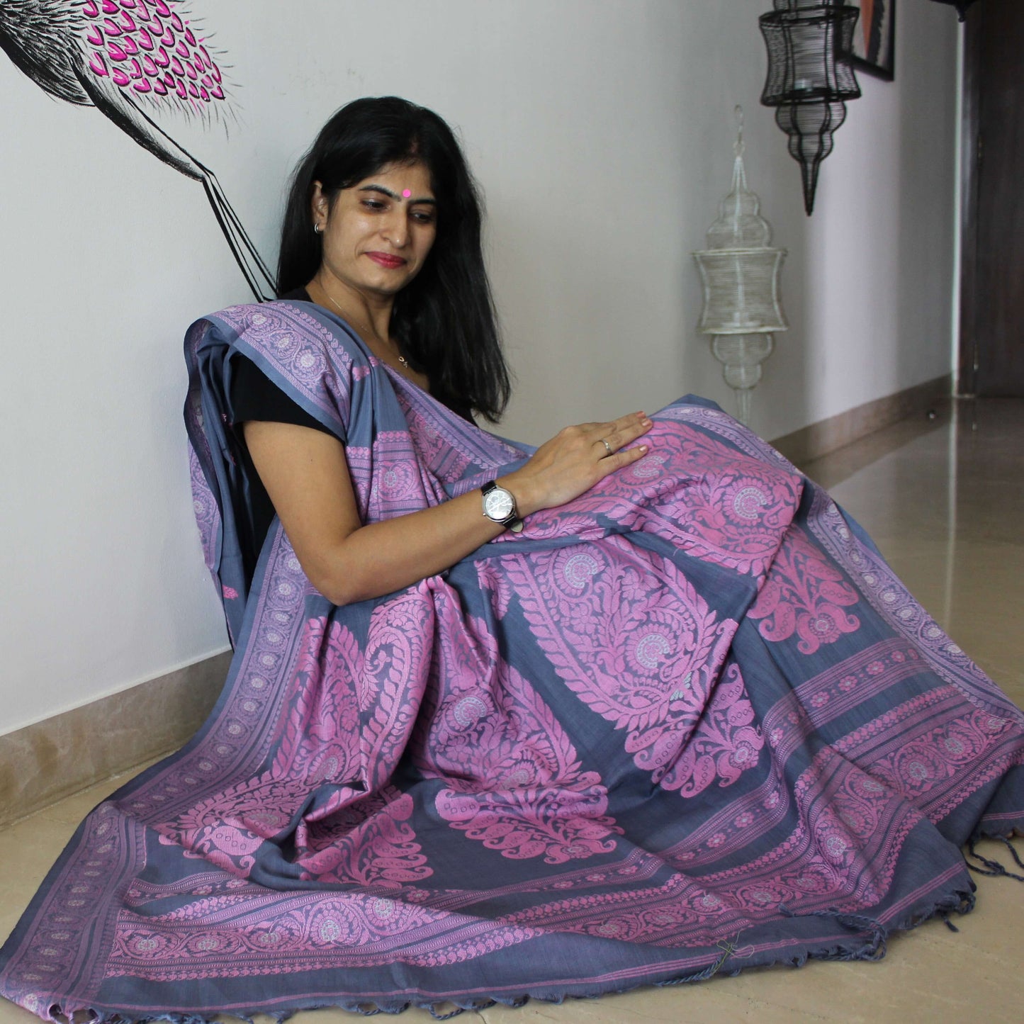 Grey Cotton Baluchari saree
