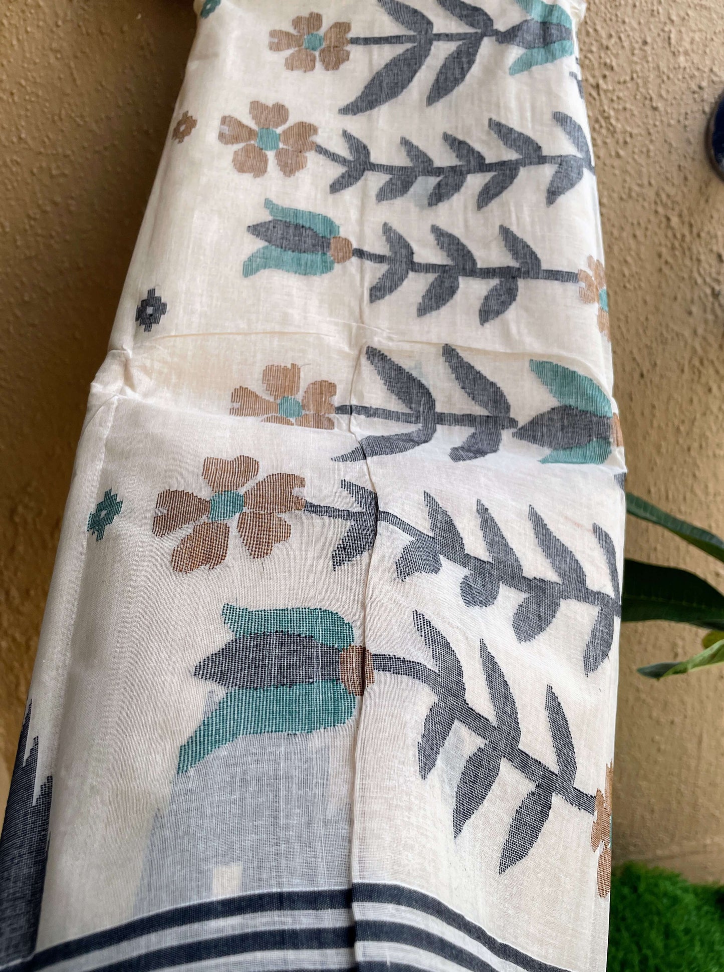 Beige Jamdani cotton saree