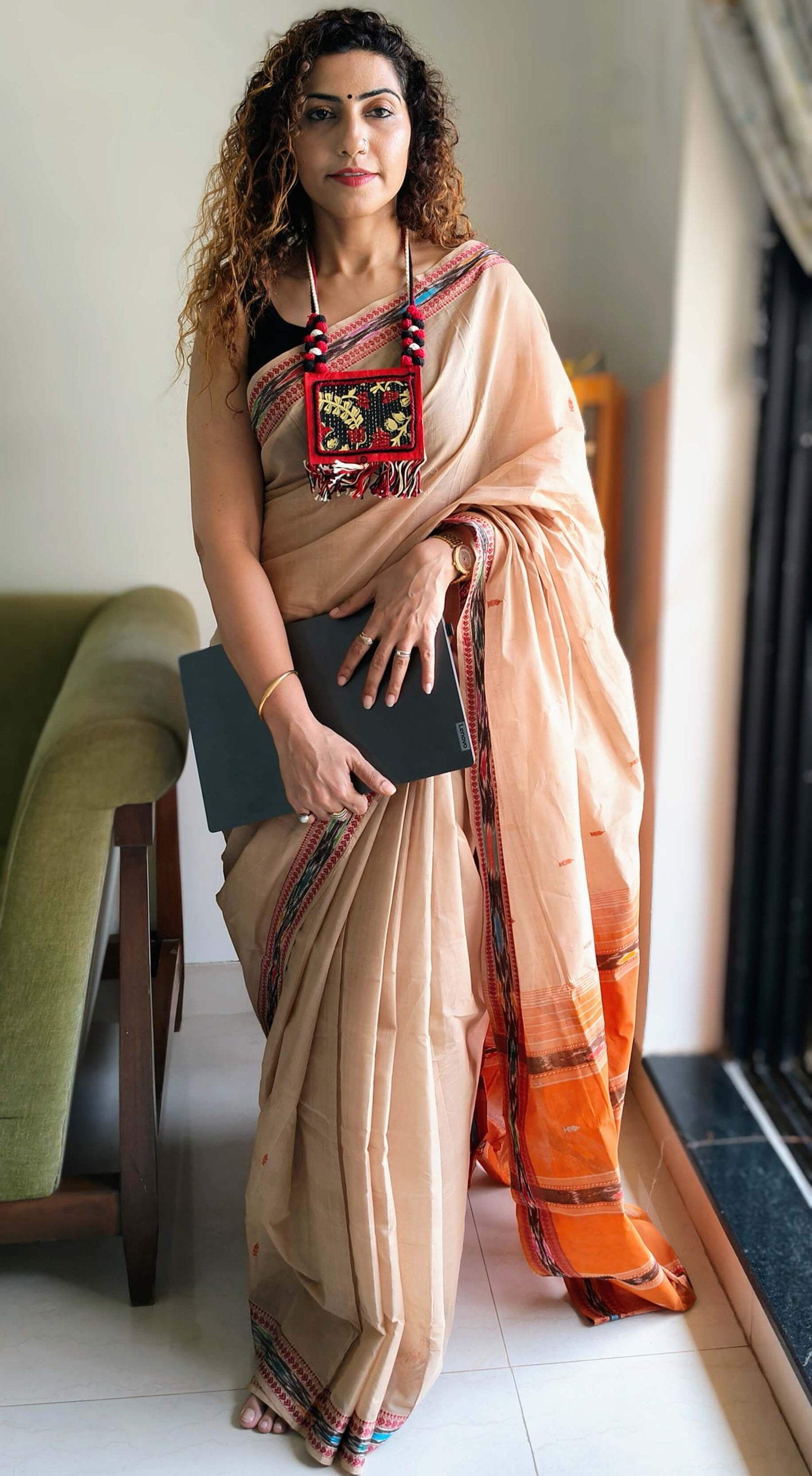 Beige Dobby ikkat cotton Saree