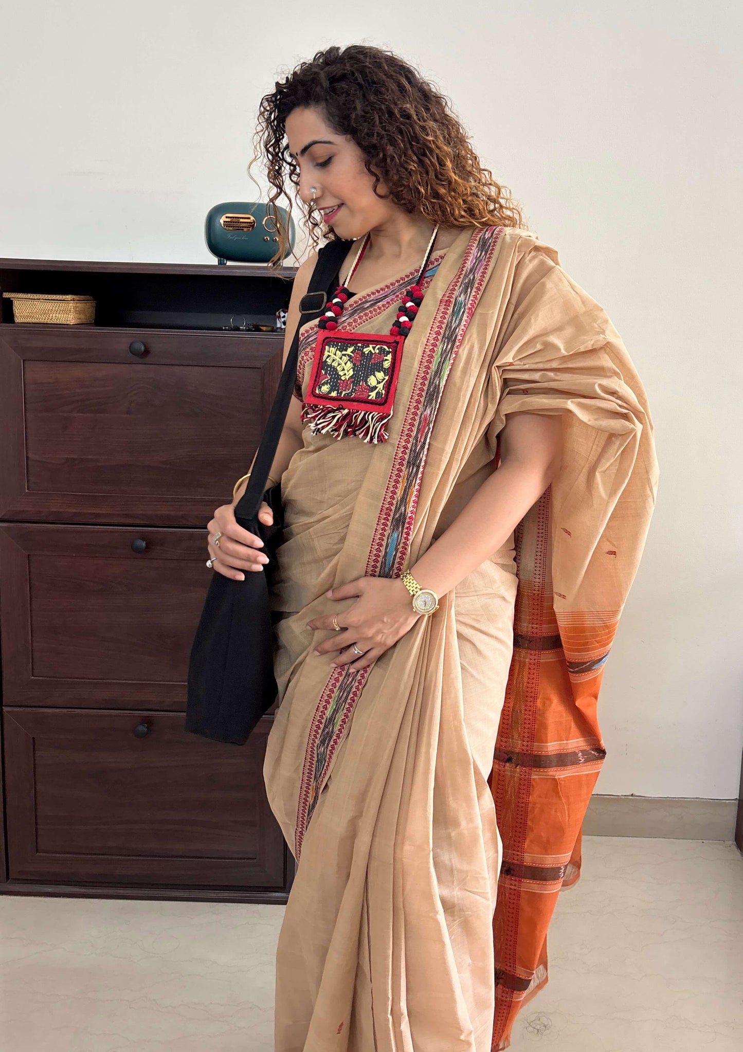 Beige Dobby ikkat cotton Saree