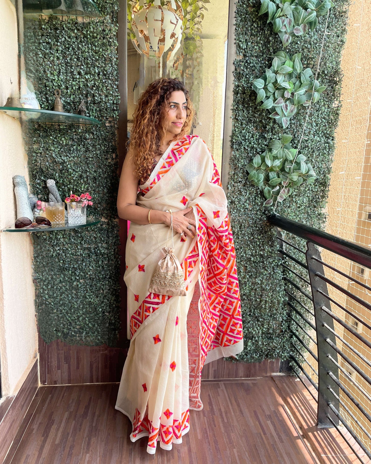 Beige Phulkari Saree with orange embroidery