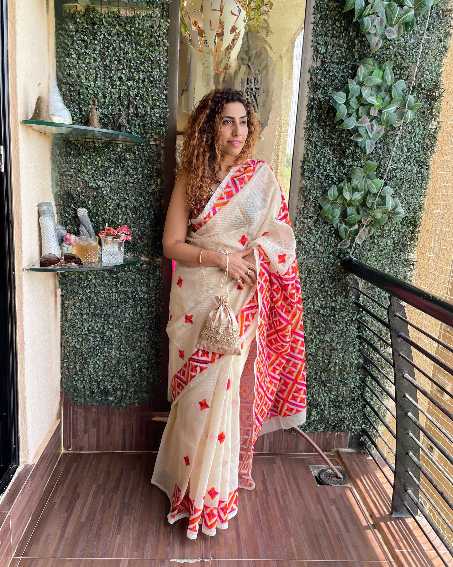 Beige Phulkari Saree with orange embroidery