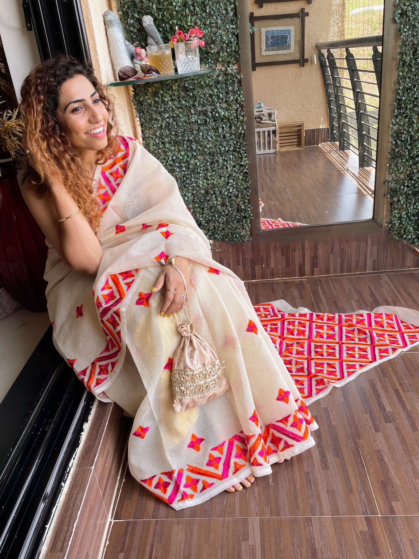 Beige Phulkari Saree with orange embroidery