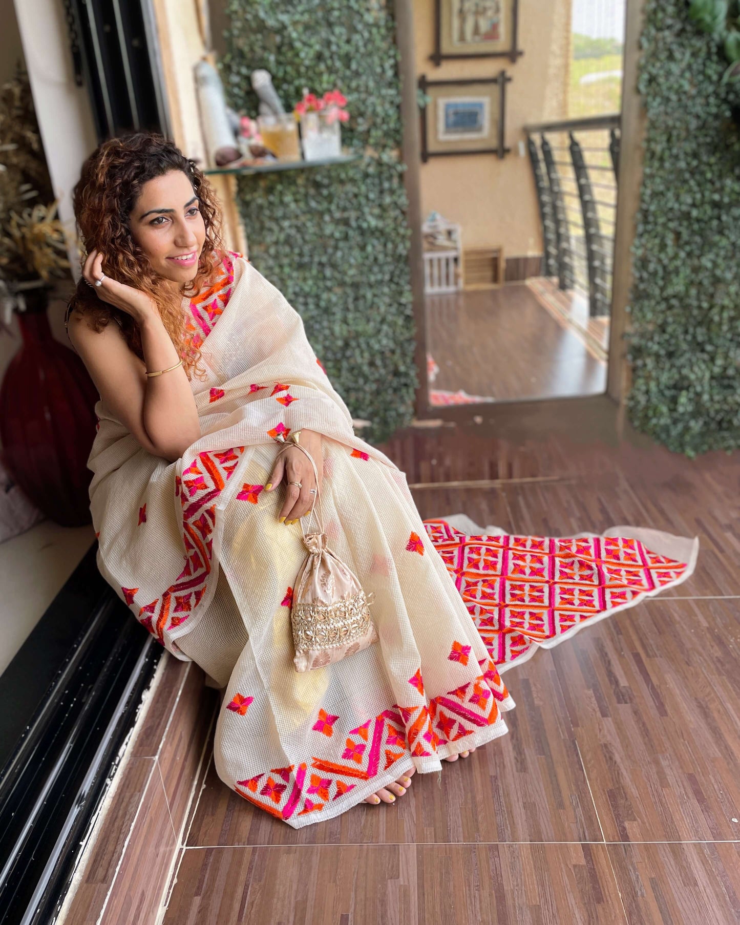 Beige Phulkari Saree with orange embroidery