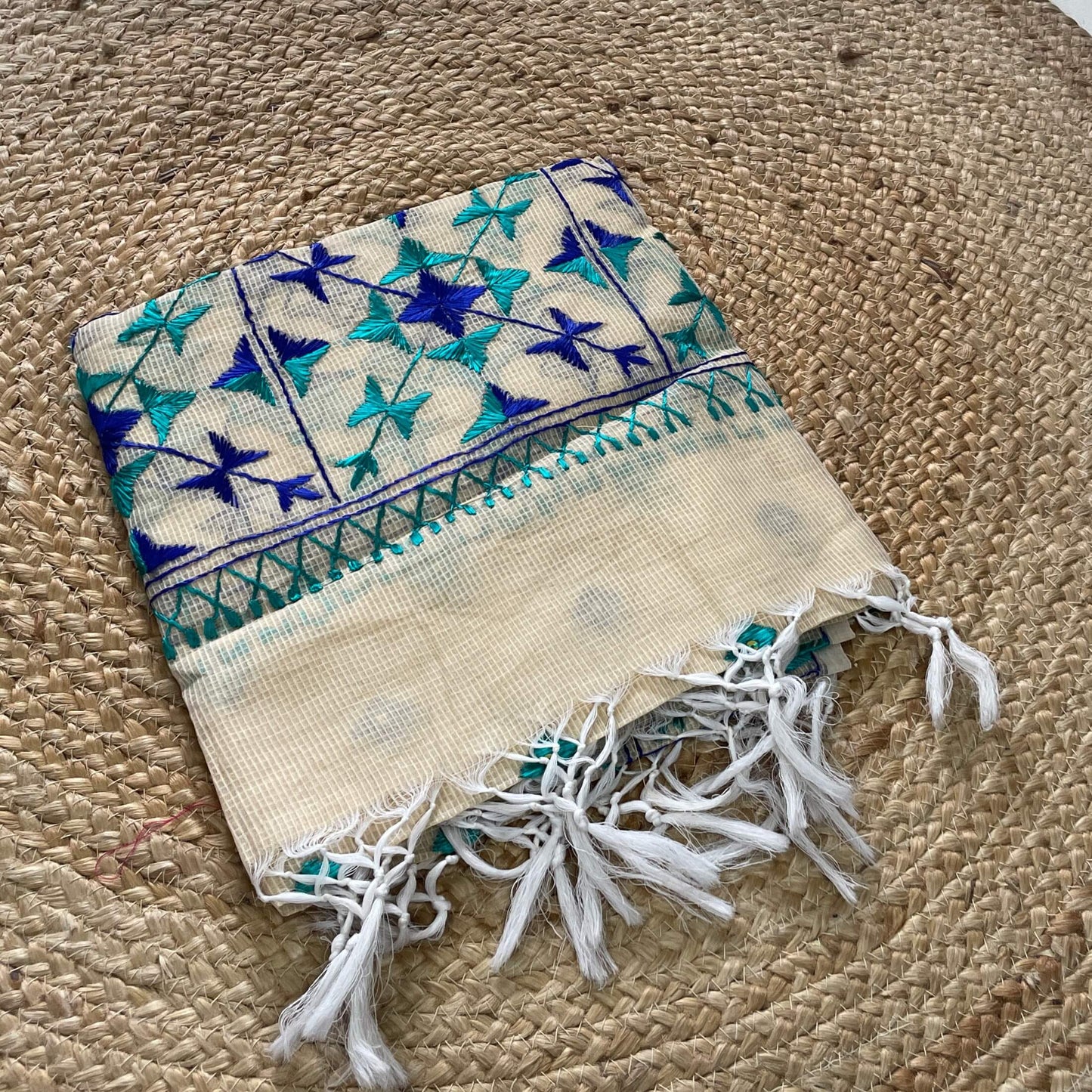 cream blue Phulkari embroidery Dupatta