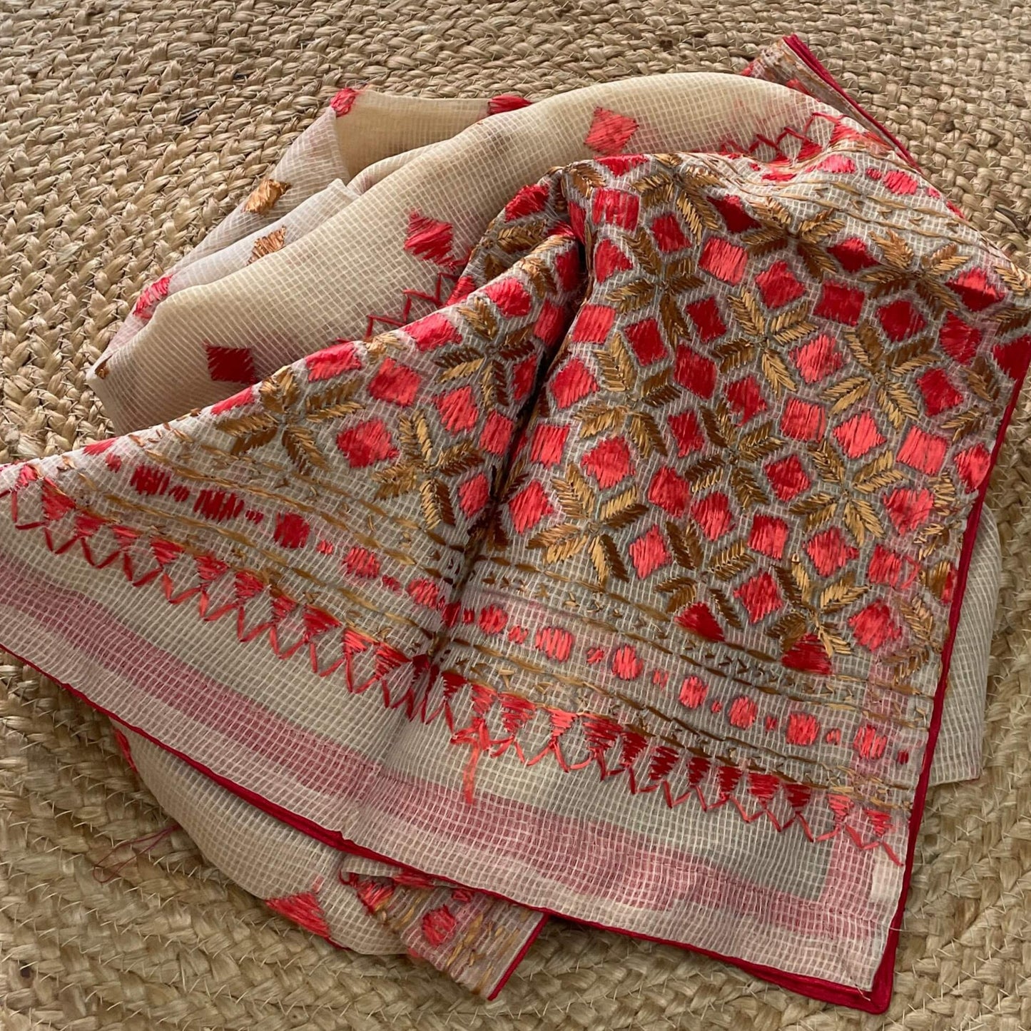 Off white red Phulkari embroidery Dupatta