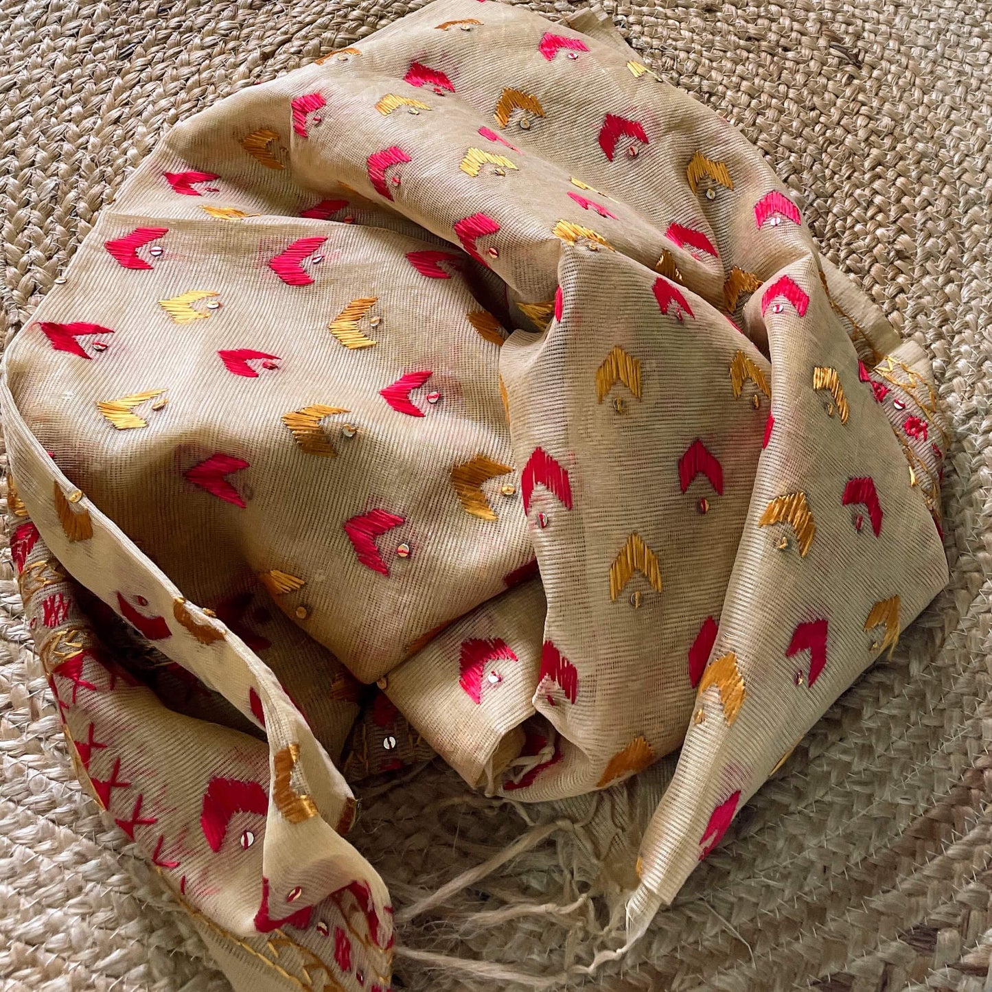 ige red yellow phulkari from punjab handcrafted embroidery