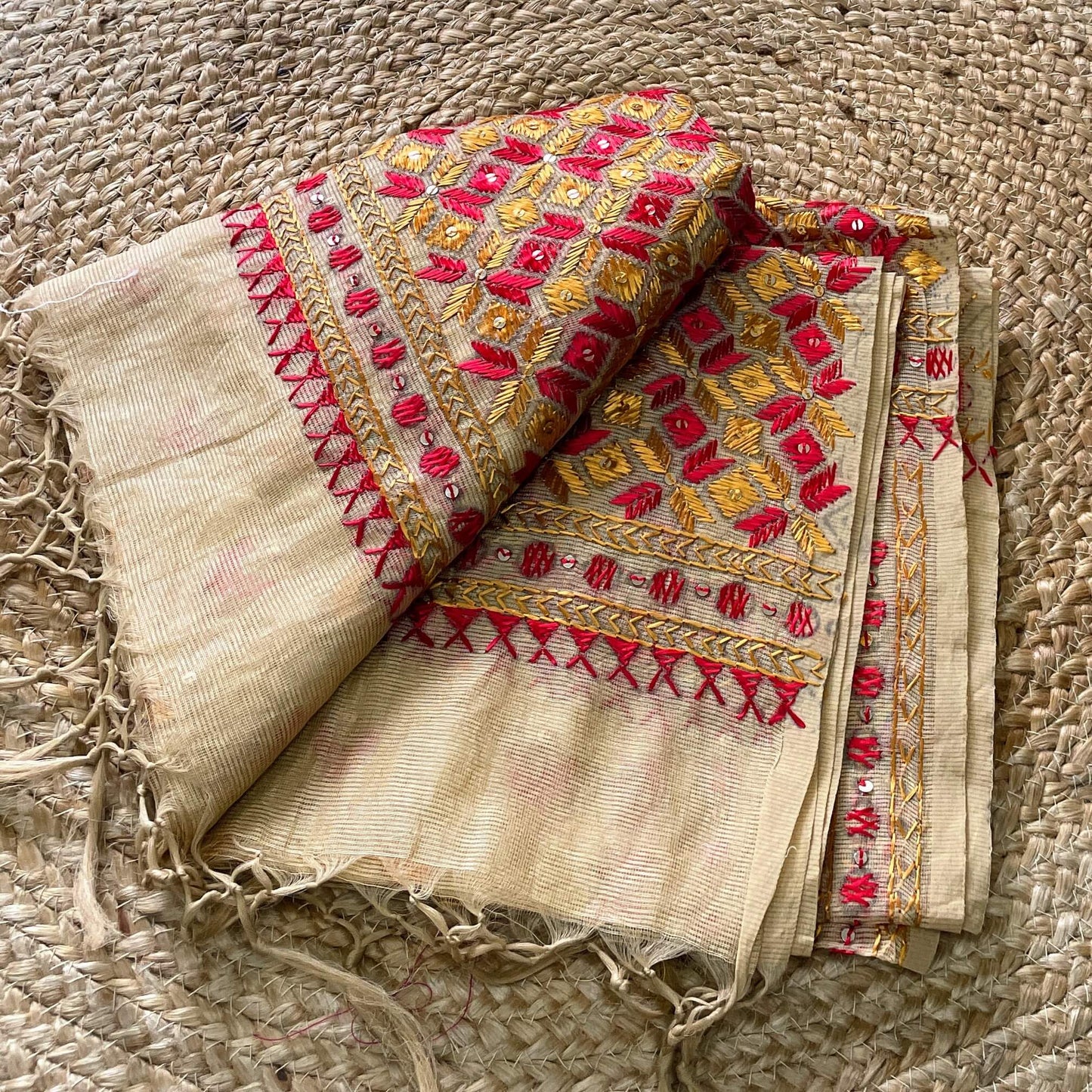 beige red yellow phulkari from punjab handcrafted embroidery