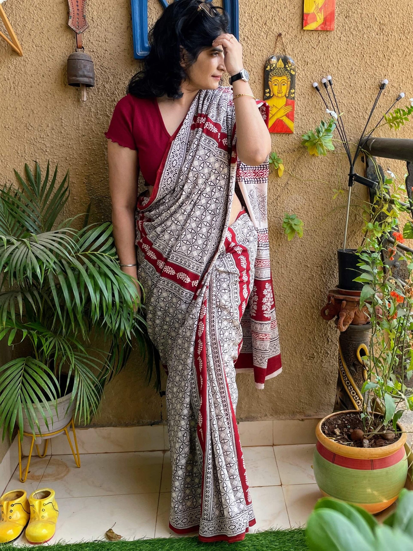 Bagh Print black and beige saree