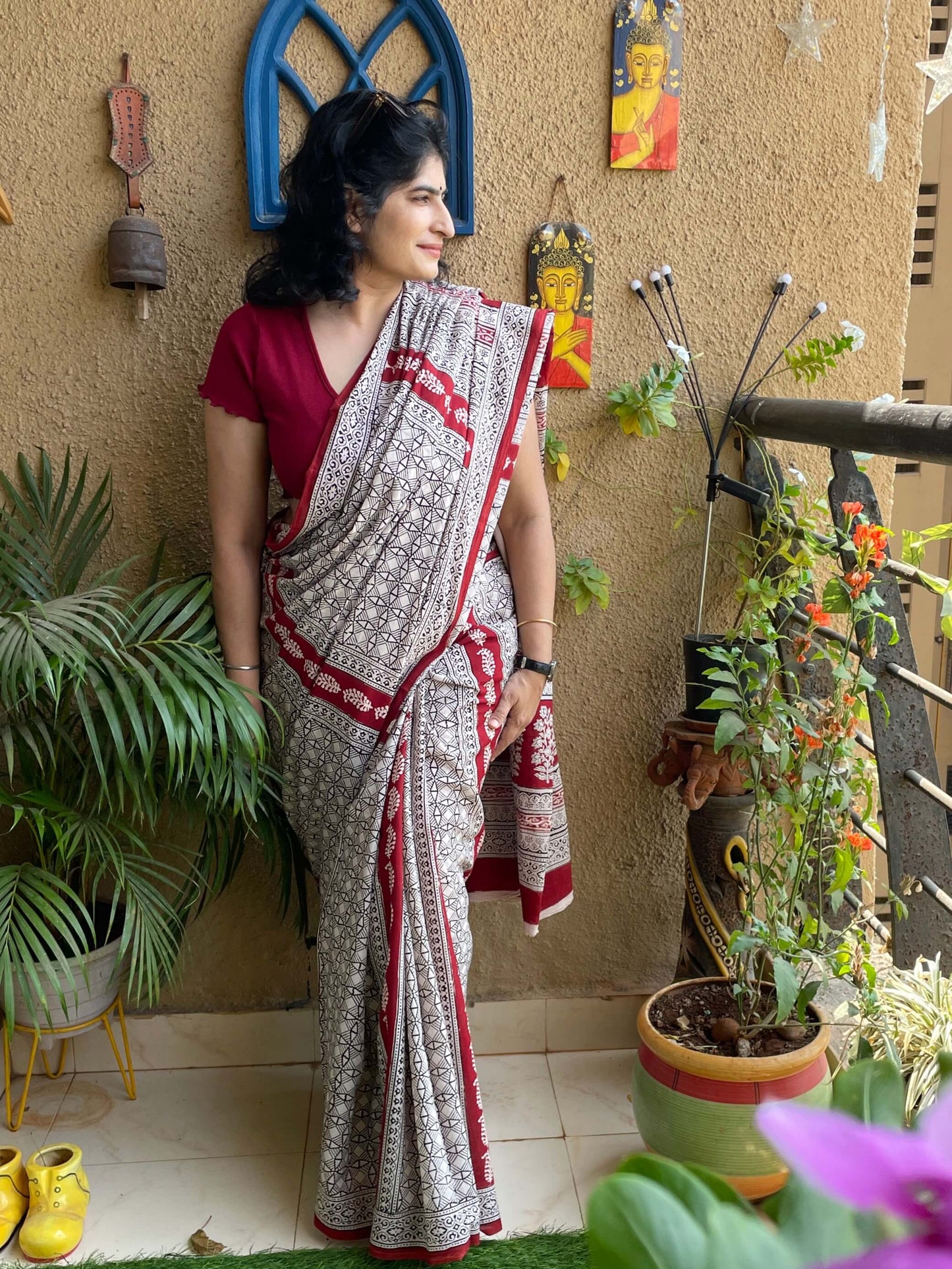 Bagh Print black and beige saree