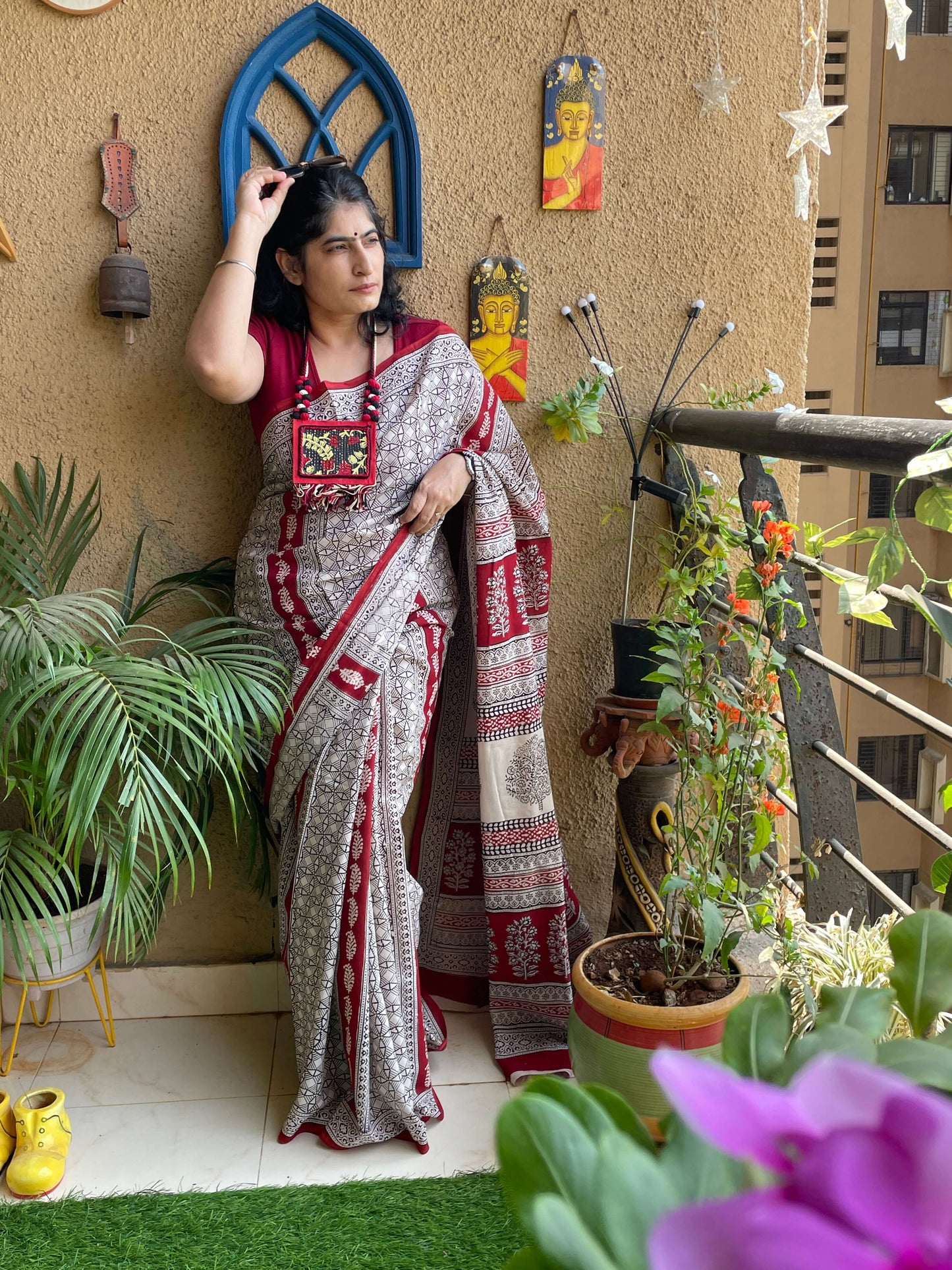 Bagh Print black and beige saree