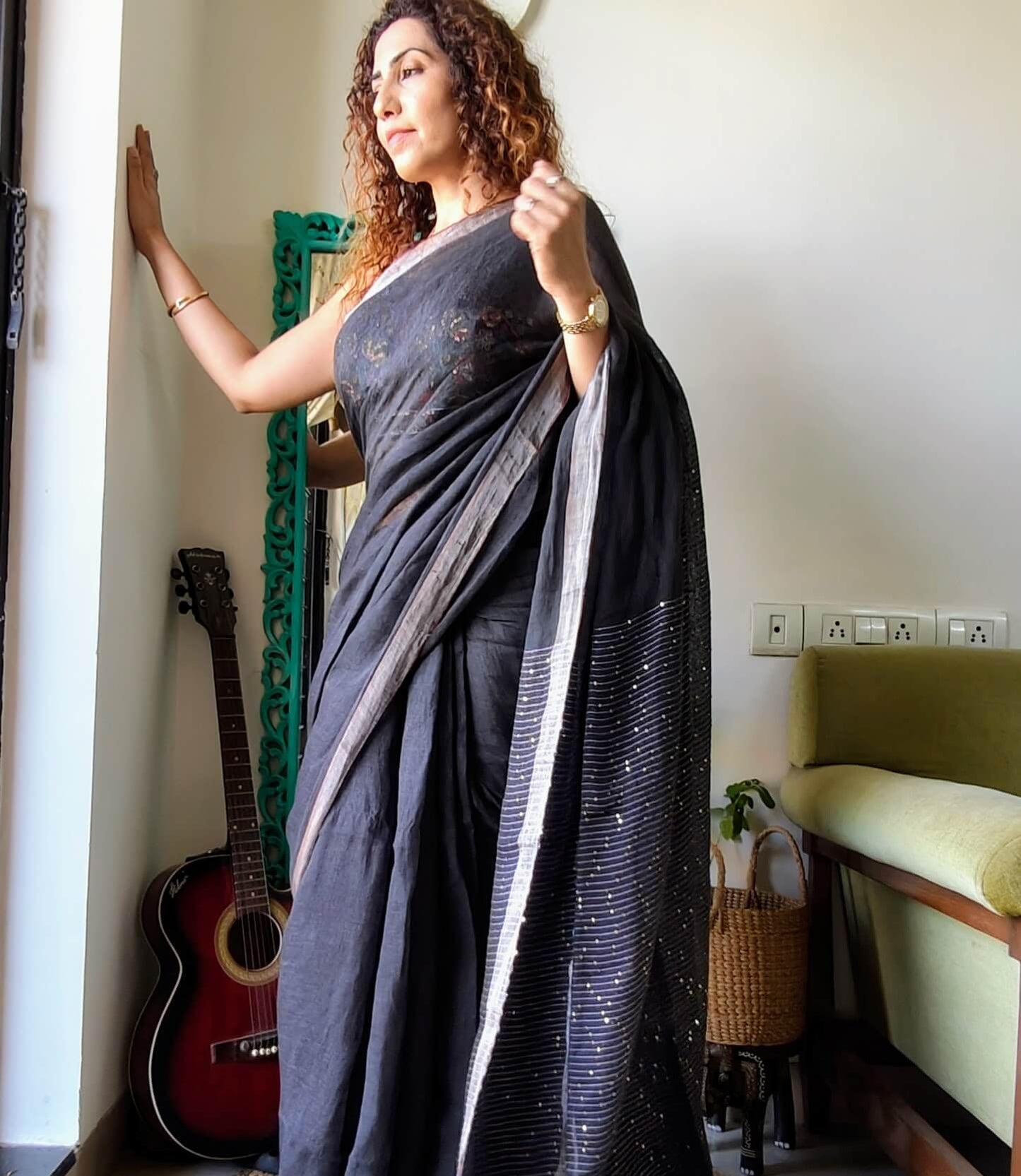 Black Linen Saree with sequence