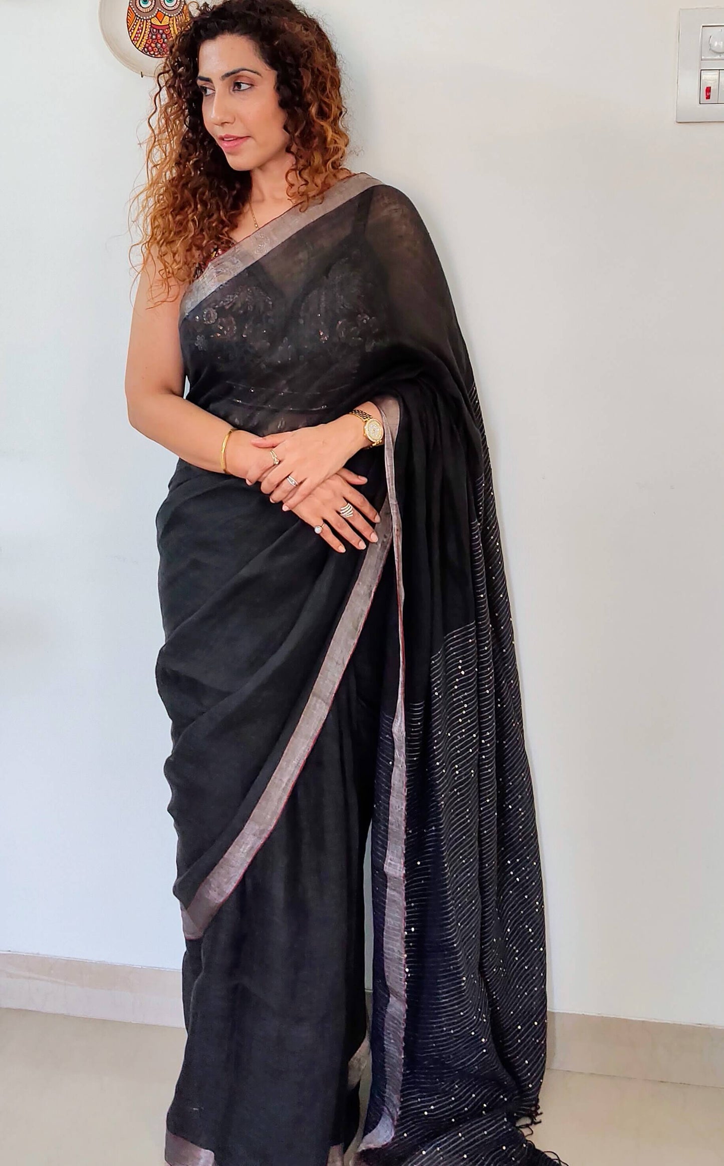 Black Linen Saree with sequence