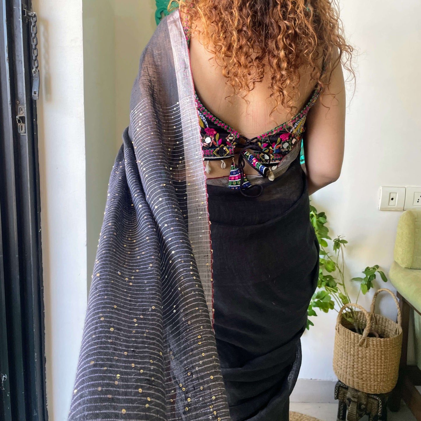 Black Linen Saree with sequence