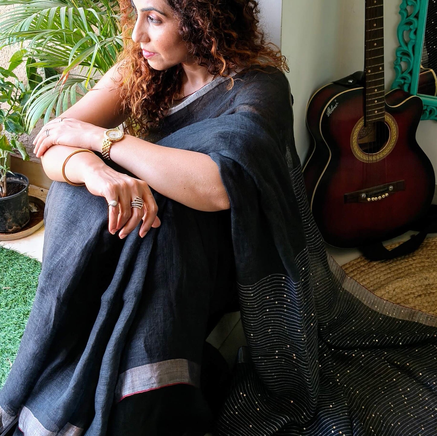 Black Linen Saree with sequence