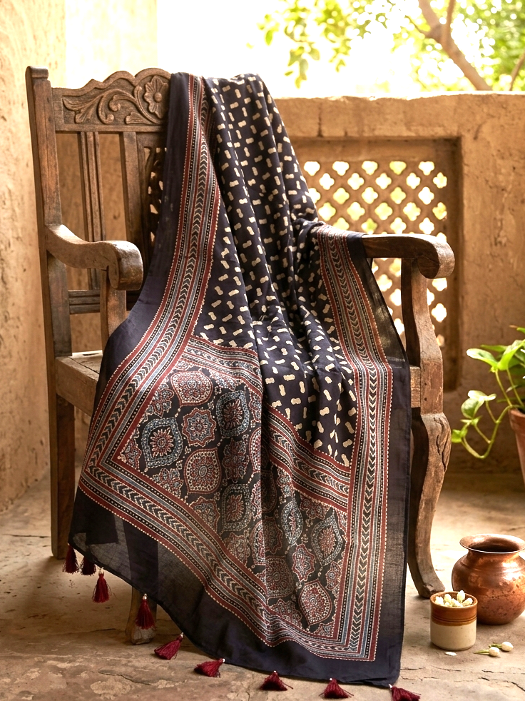 Kohl Black Ajrakh silk dupatta I Handcrafted Forsarees Kohl Black Ajrakh silk dupatta I Handcrafted Forsarees