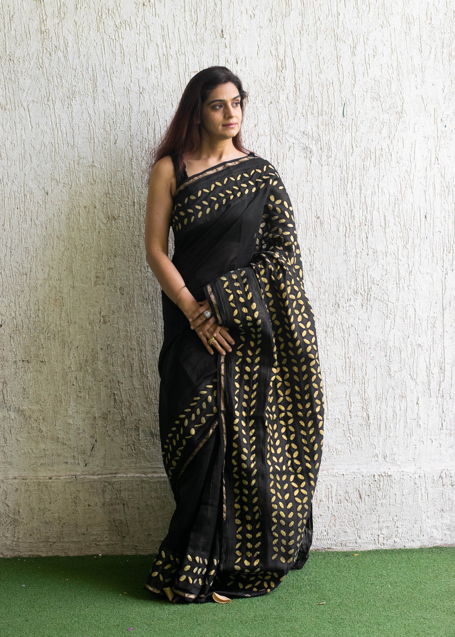 Black Applique Chanderi Saree