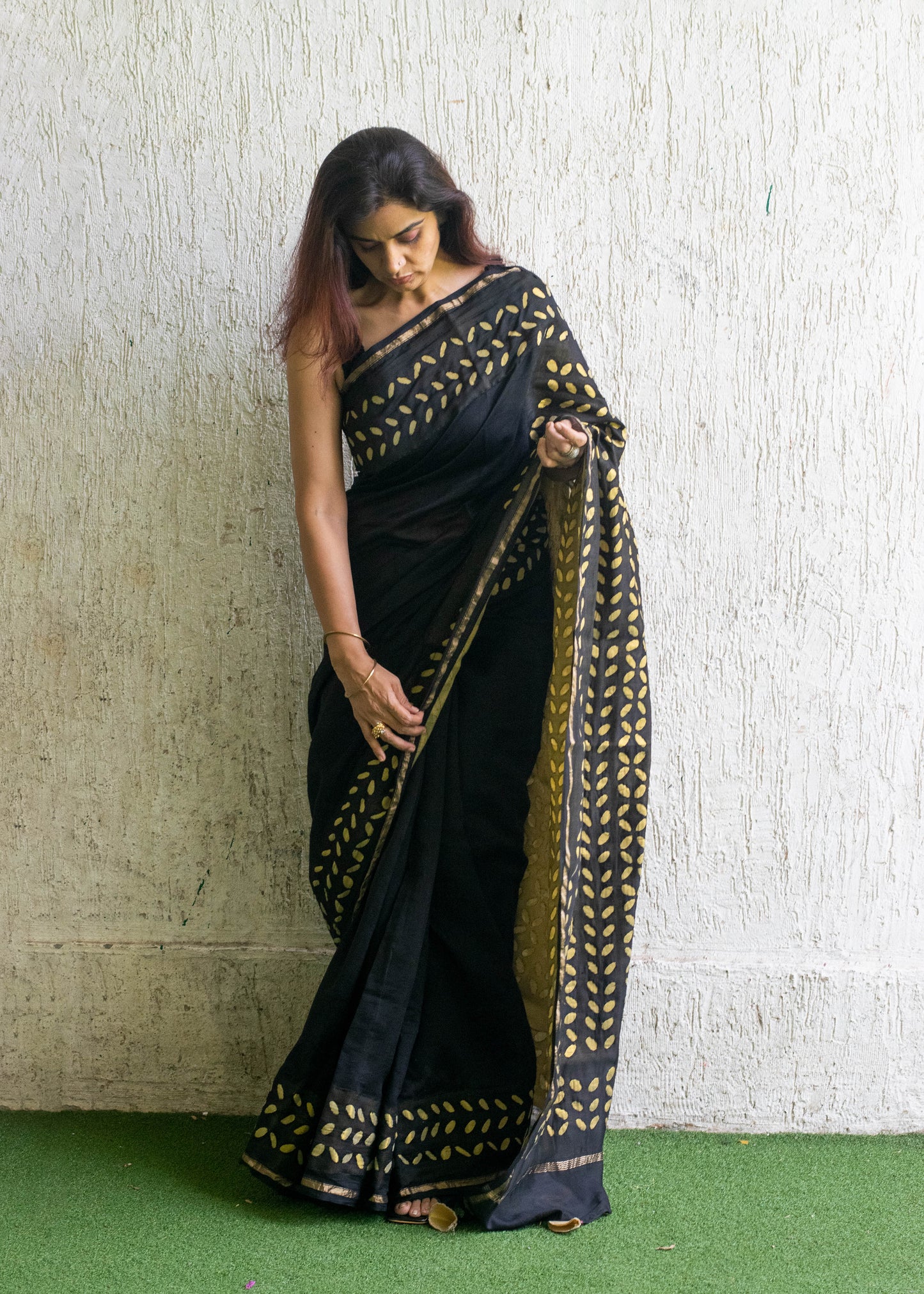 Black Applique Chanderi Saree