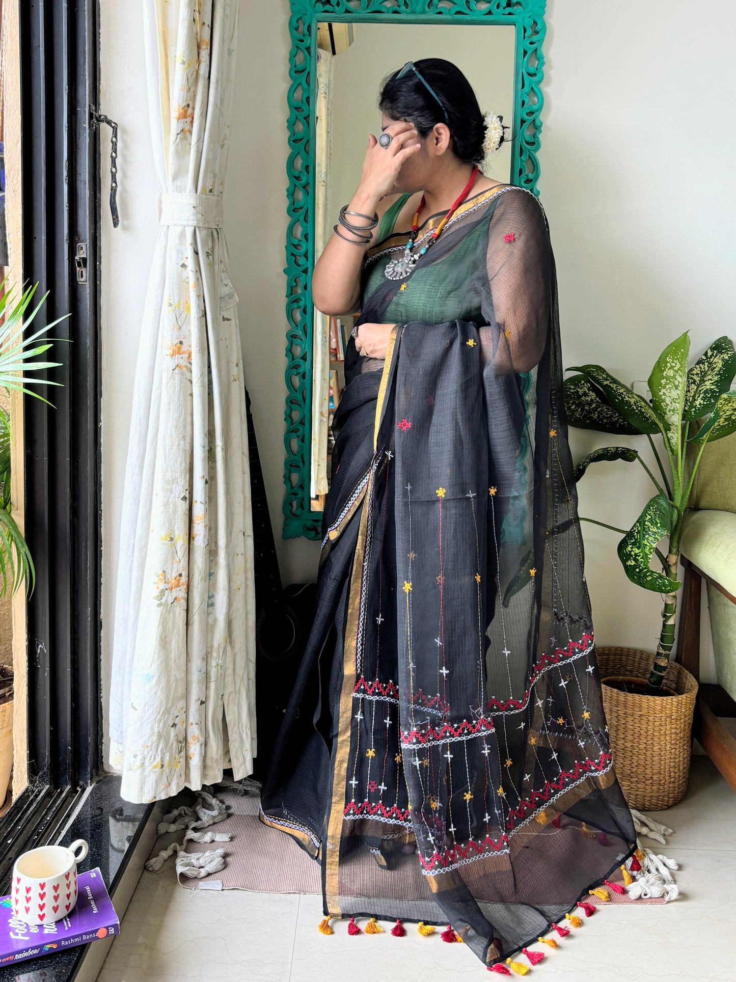 Kohl Black Kota Saree with hand embroidery I Handcrafted
