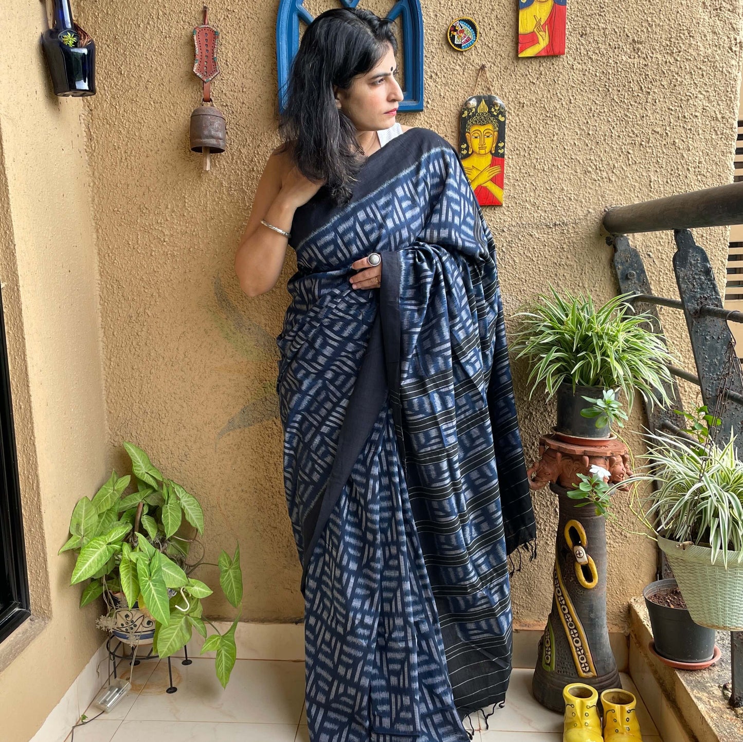 Black and Blue Bandha Ikat Cotton Saree