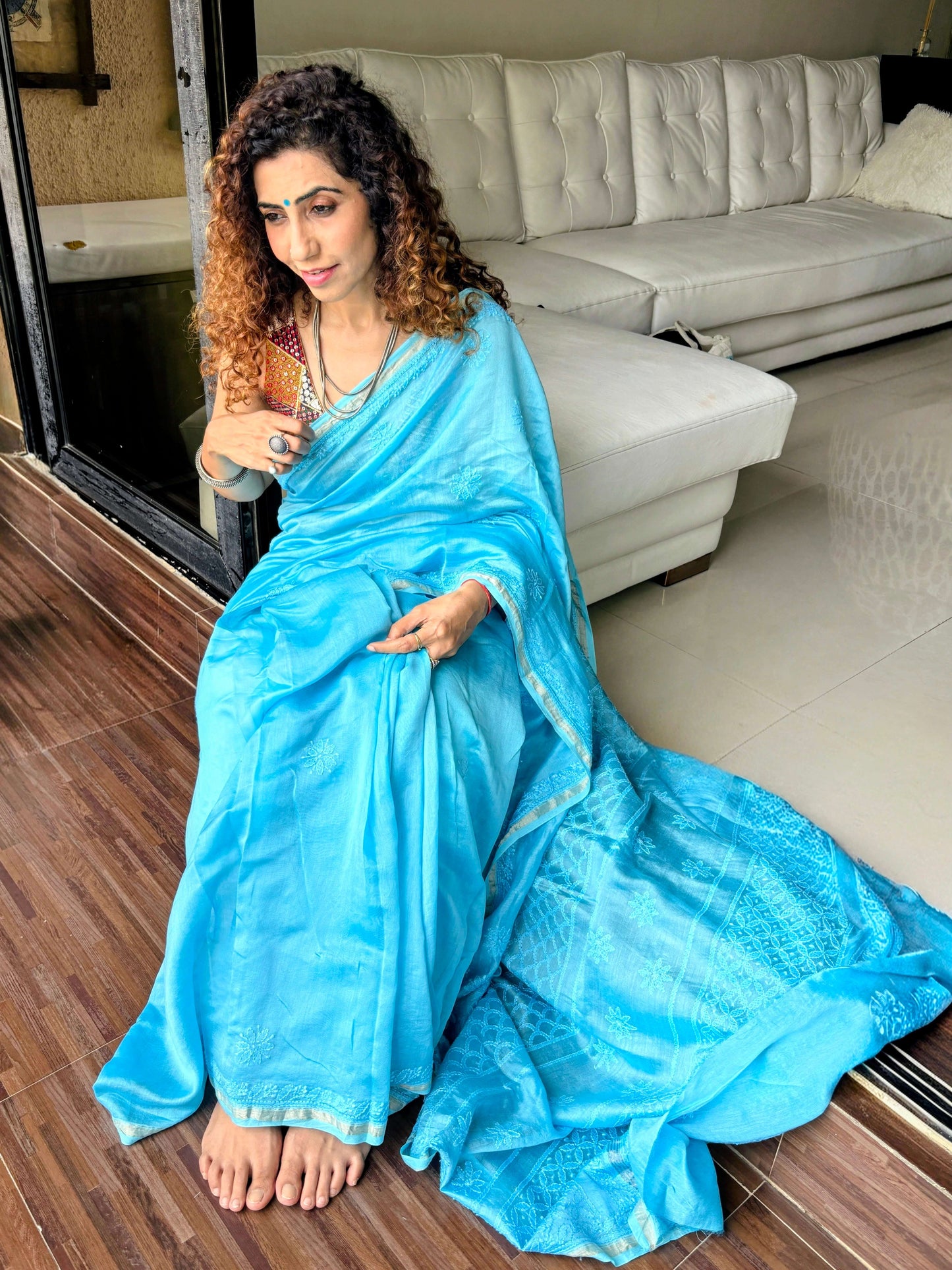 Sky blue chikankari Saree I Handcrafted