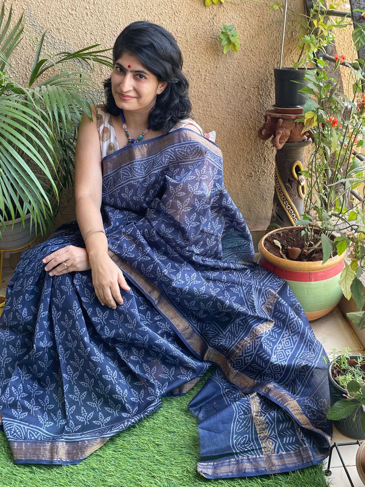 Blue Maheshwari Block print Saree