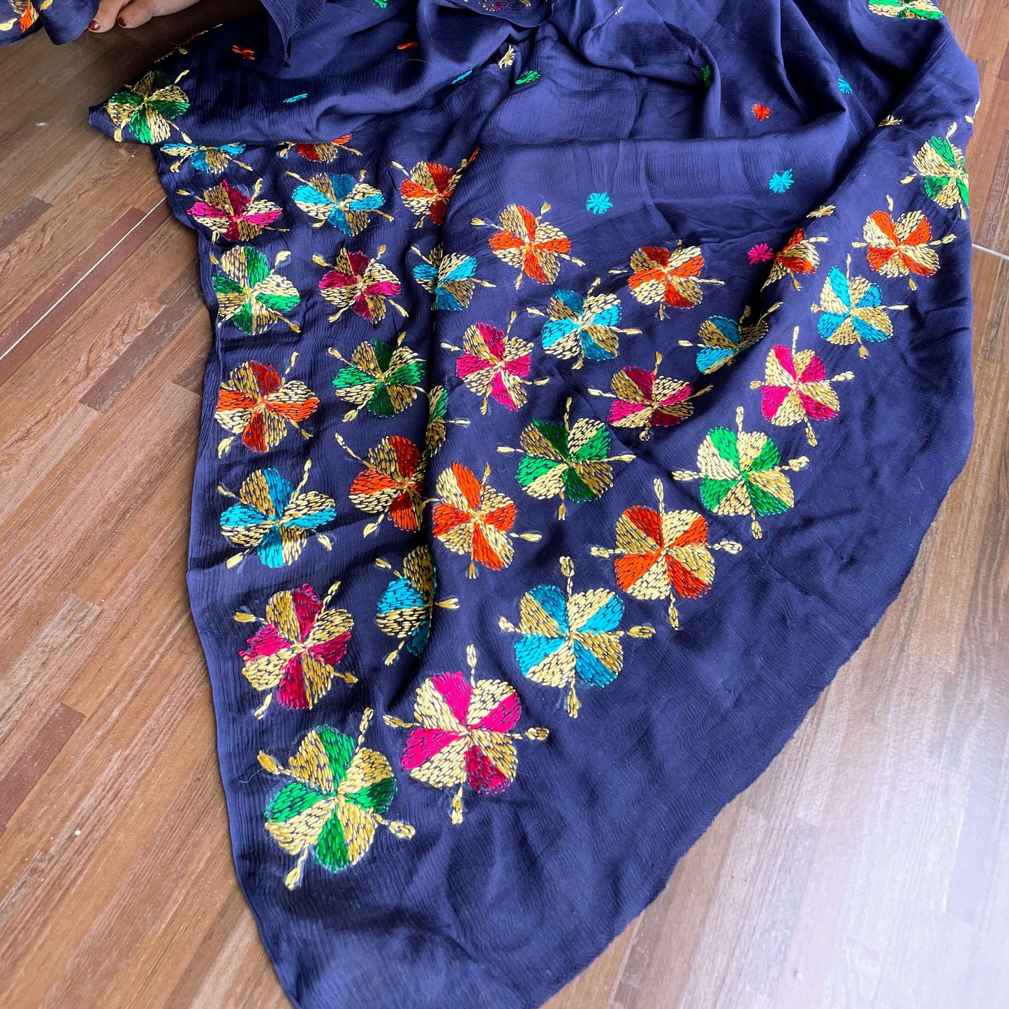 Blue Chinon Phulkari Saree